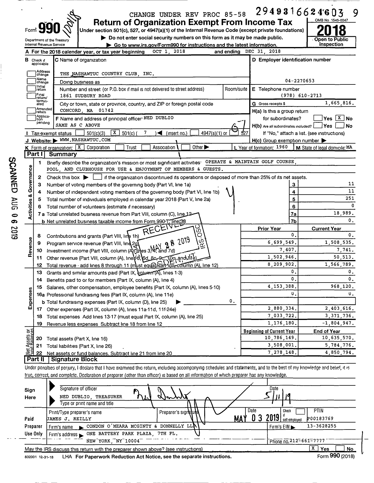 Image of first page of 2018 Form 990O for The Nashawtuc Country Club