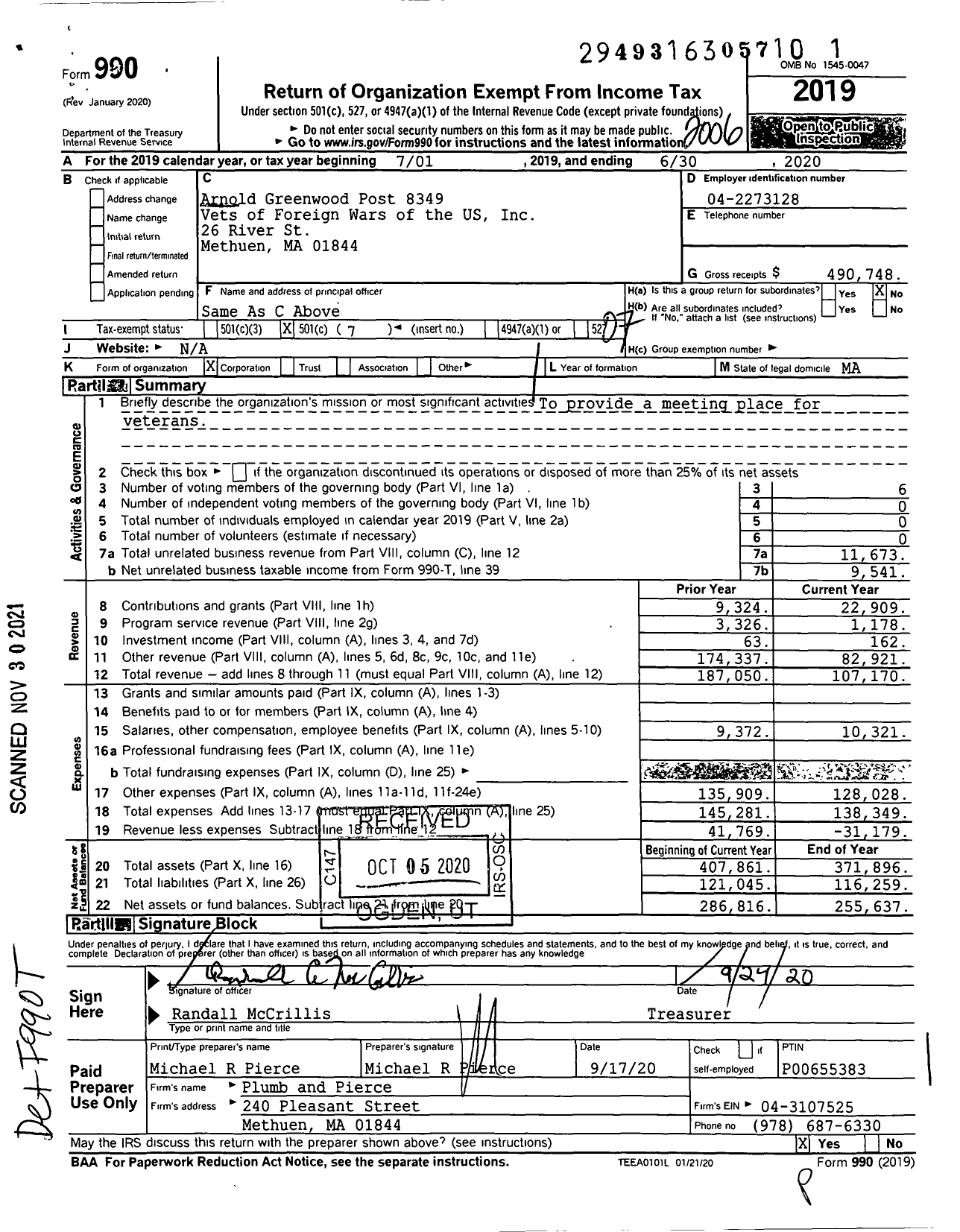 Image of first page of 2019 Form 990O for VFW Department of Massachusetts - 8349 VFW-MASS