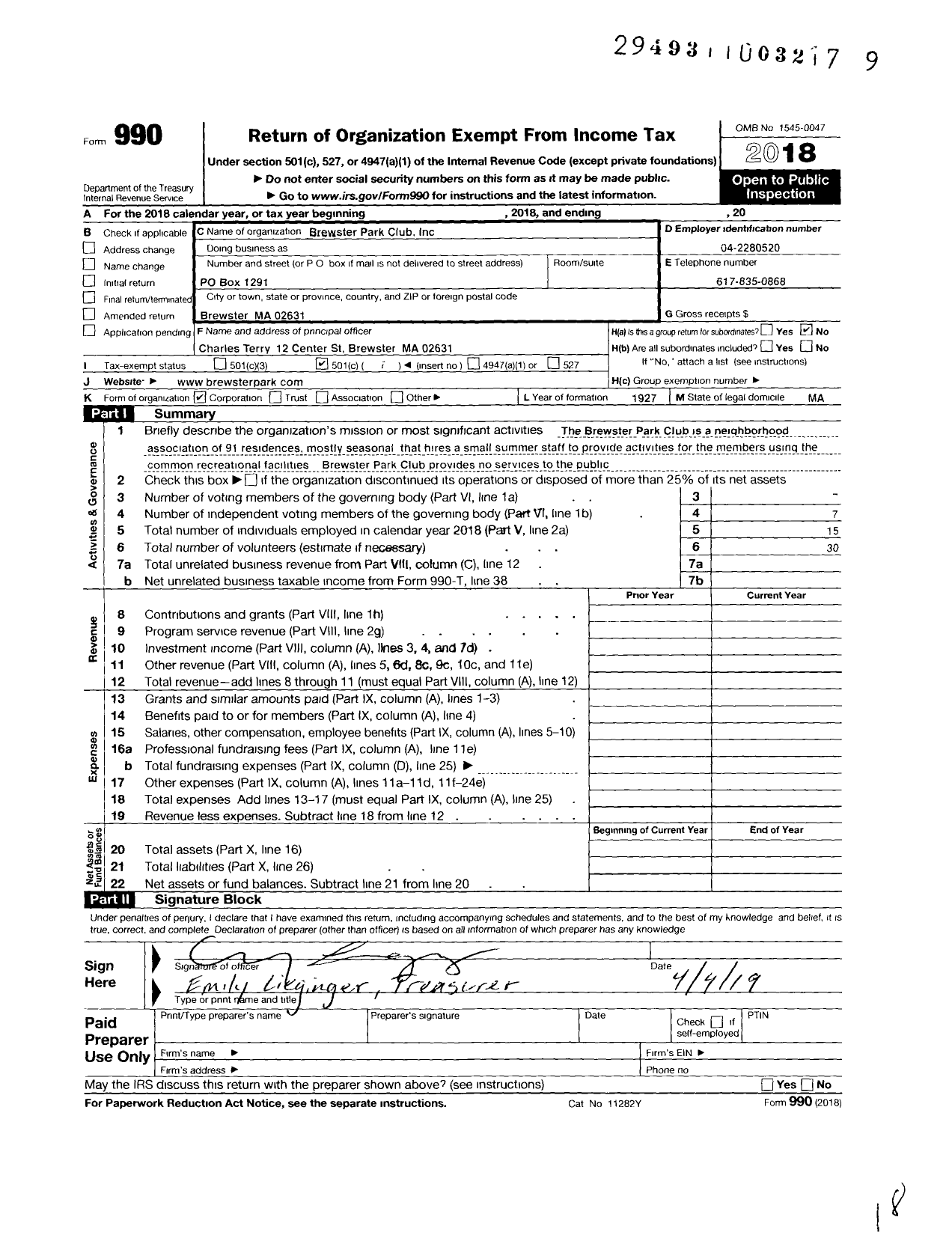 Image of first page of 2018 Form 990O for Brewster Park Club