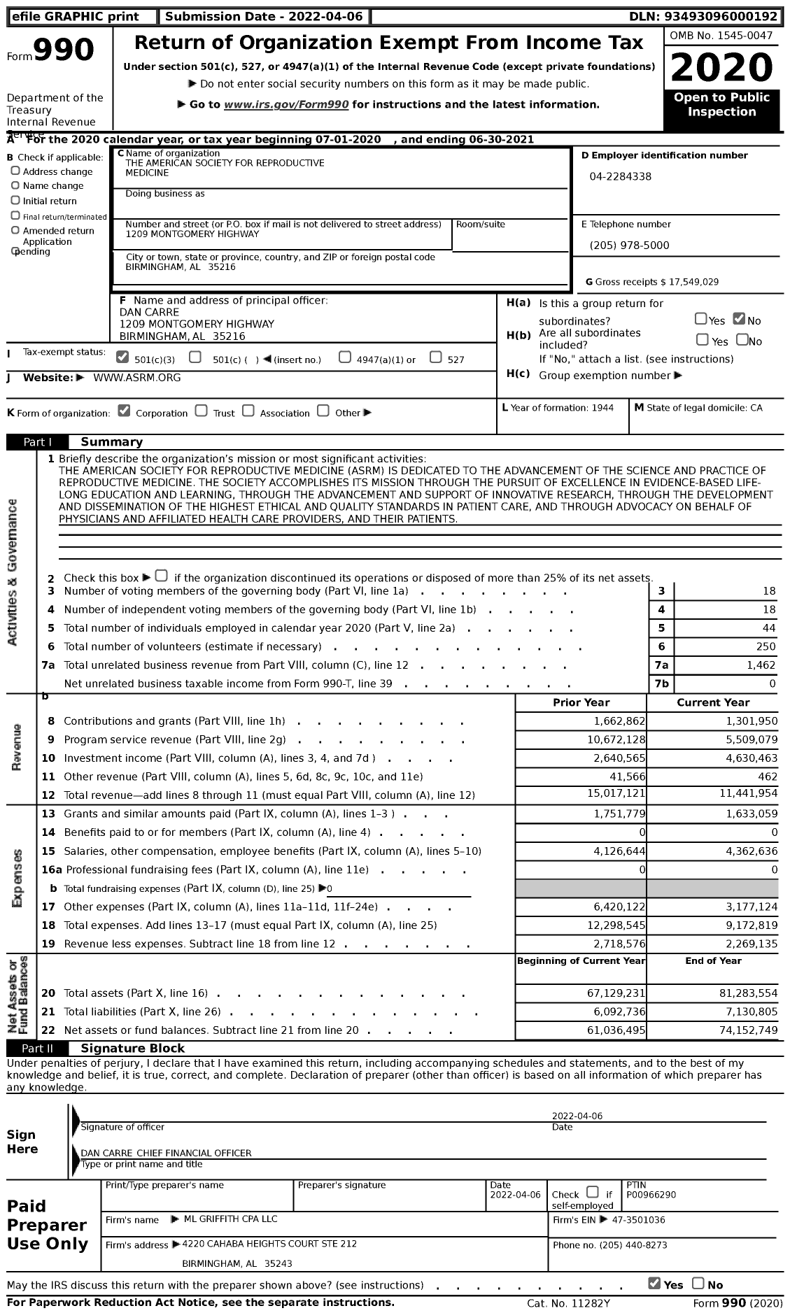 Image of first page of 2020 Form 990 for American Society for Reproductive Medicine (ASRM)