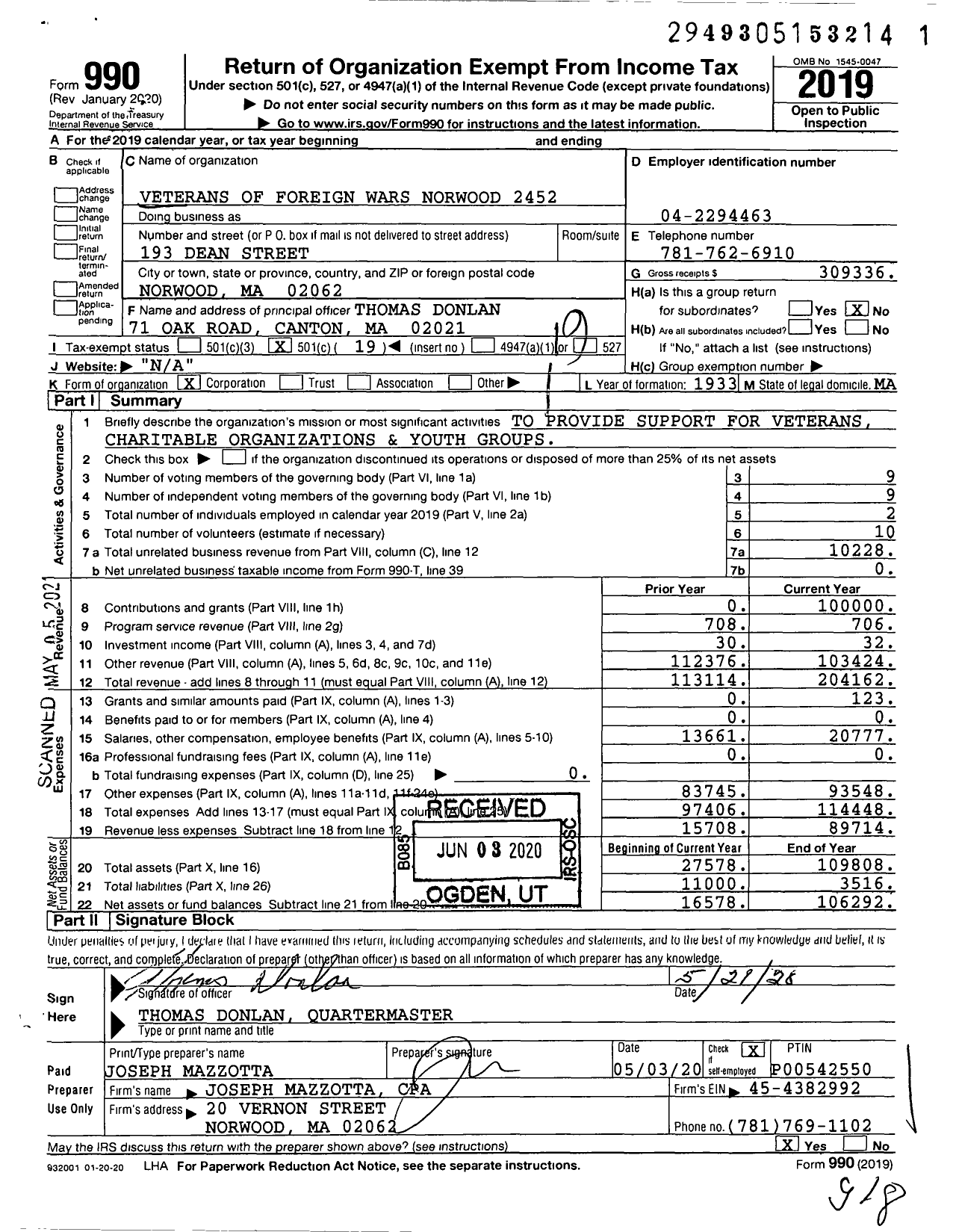 Image of first page of 2019 Form 990O for VFW Department of Massachusetts - 2452