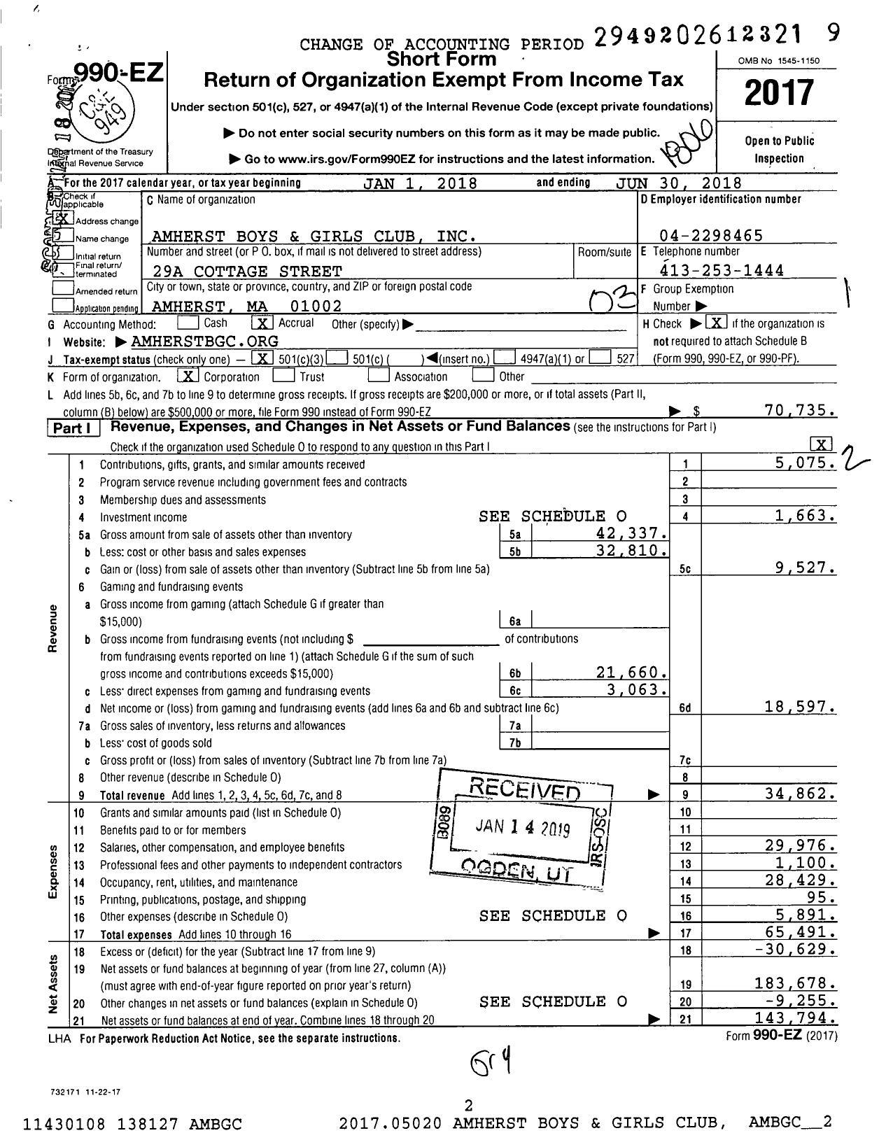 Image of first page of 2017 Form 990EZ for Amherst Boys and Girls Club