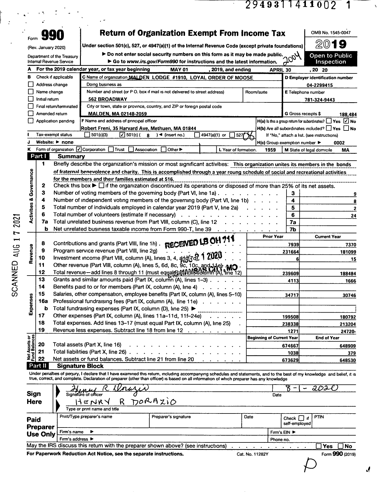 Image of first page of 2019 Form 990O for Loyal Order of Moose - 1910