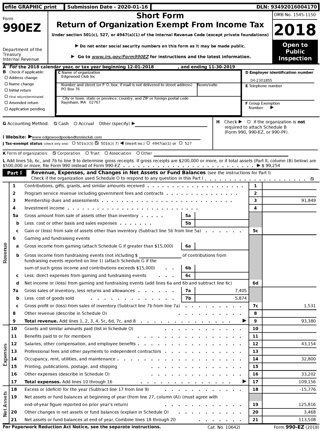 Image of first page of 2018 Form 990EZ for Edgewood Club