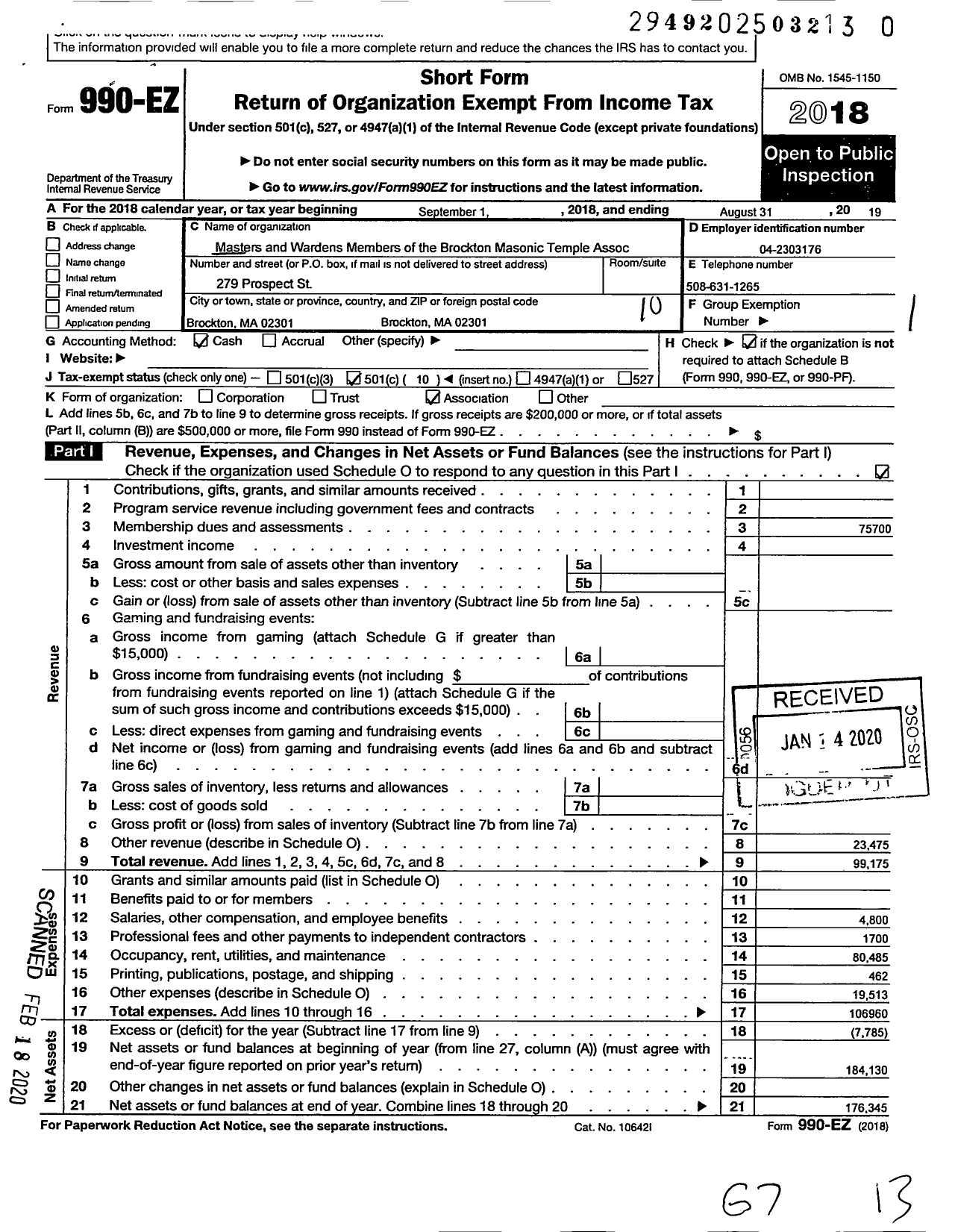 Image of first page of 2018 Form 990EO for Massachusetts Freemasons - Brockton Masonic Temple Assoc