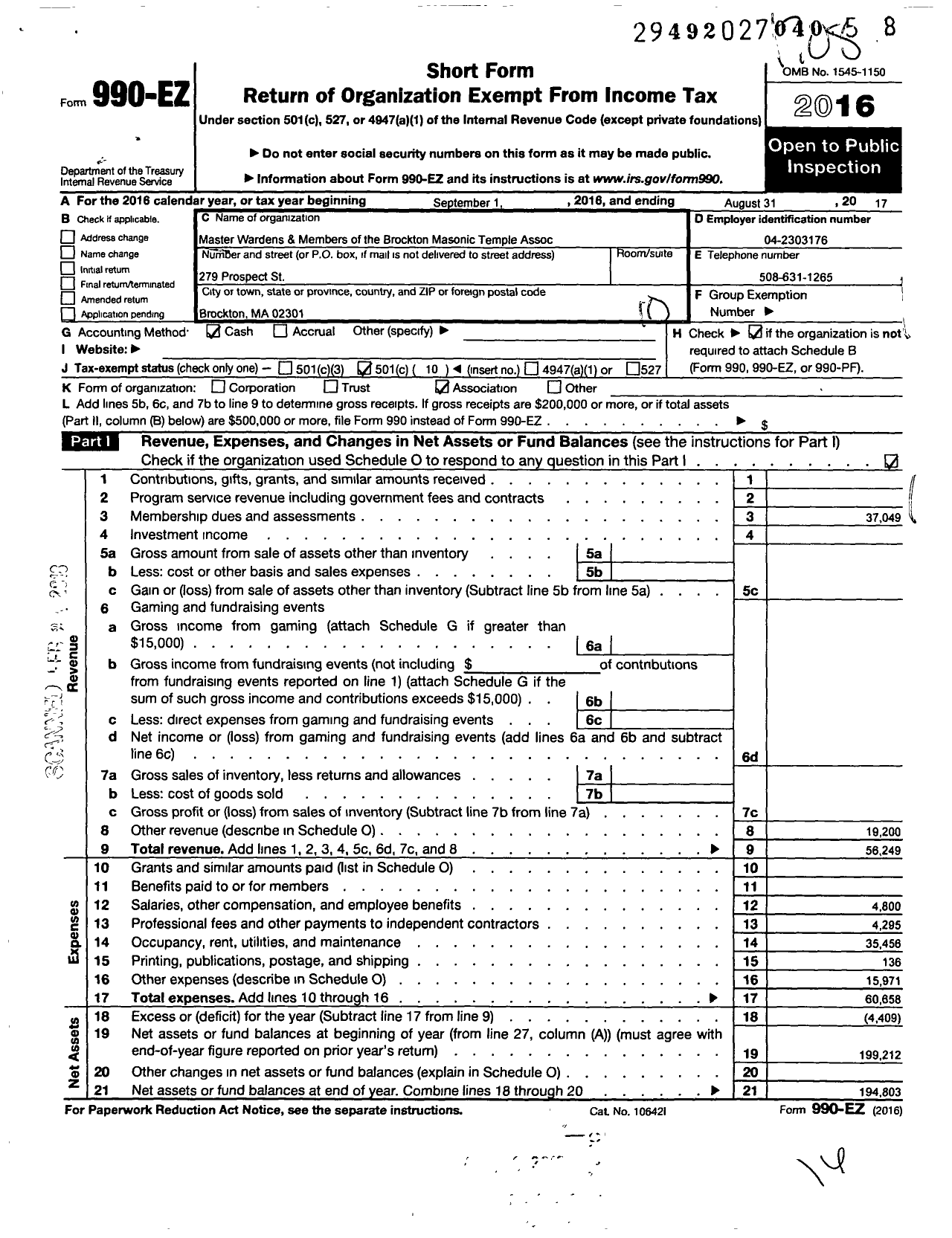 Image of first page of 2016 Form 990EO for Massachusetts Freemasons - Brockton Masonic Temple Assoc