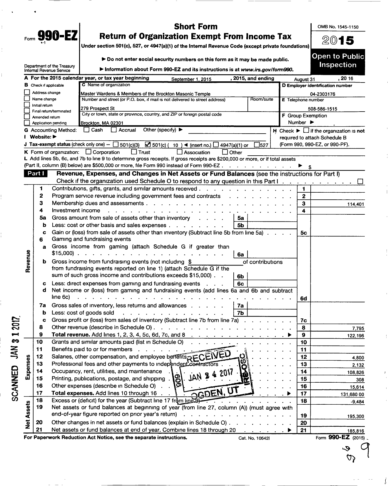 Image of first page of 2015 Form 990EO for Massachusetts Freemasons - Brockton Masonic Temple Assoc