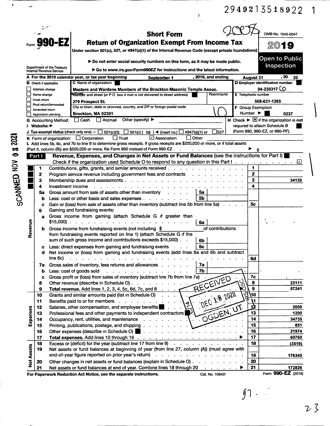 Image of first page of 2019 Form 990EO for Massachusetts Freemasons - Brockton Masonic Temple Assoc