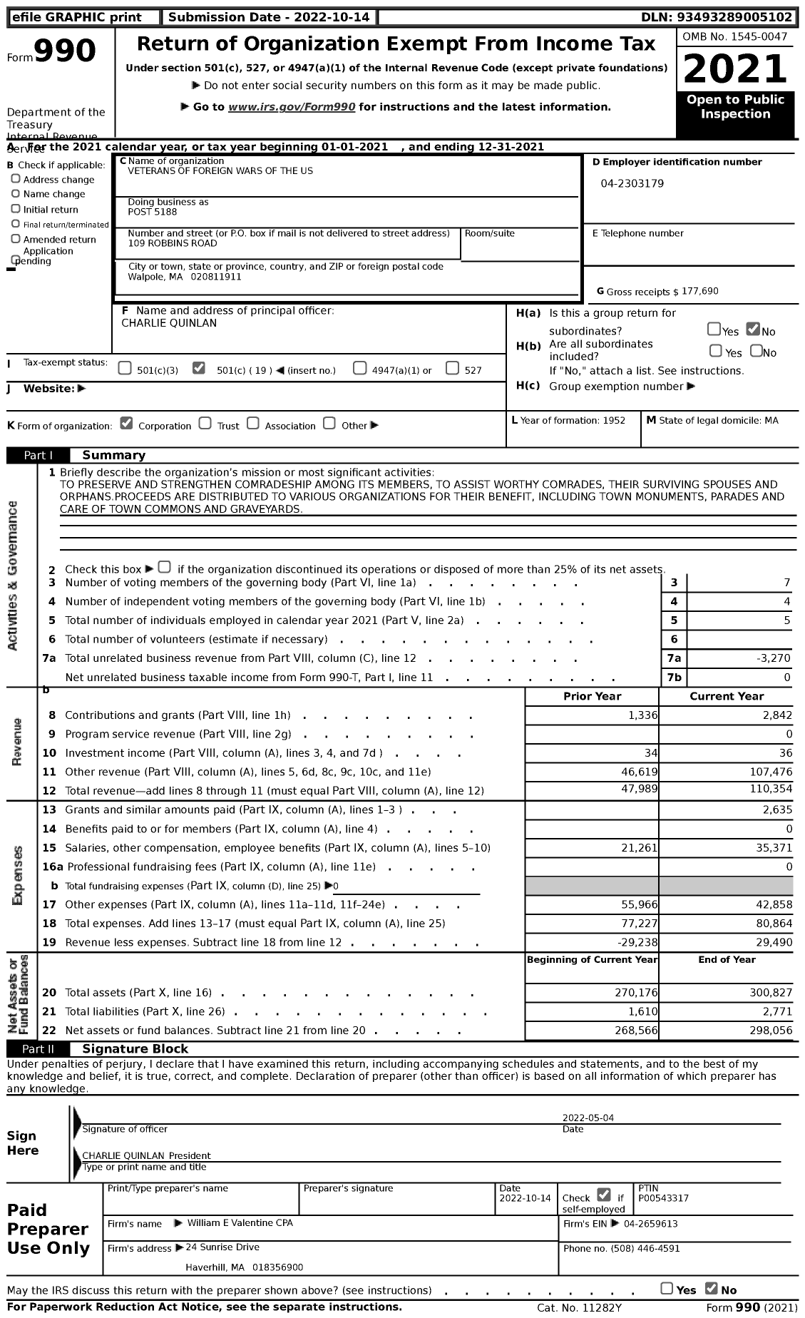 Image of first page of 2021 Form 990 for VFW Department of Massachusetts - 5188 Vfw-Mass