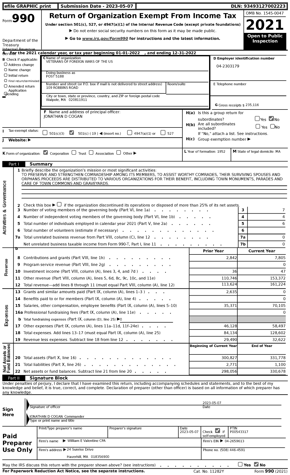 Image of first page of 2022 Form 990 for VFW Department of Massachusetts - 5188 Vfw-Mass