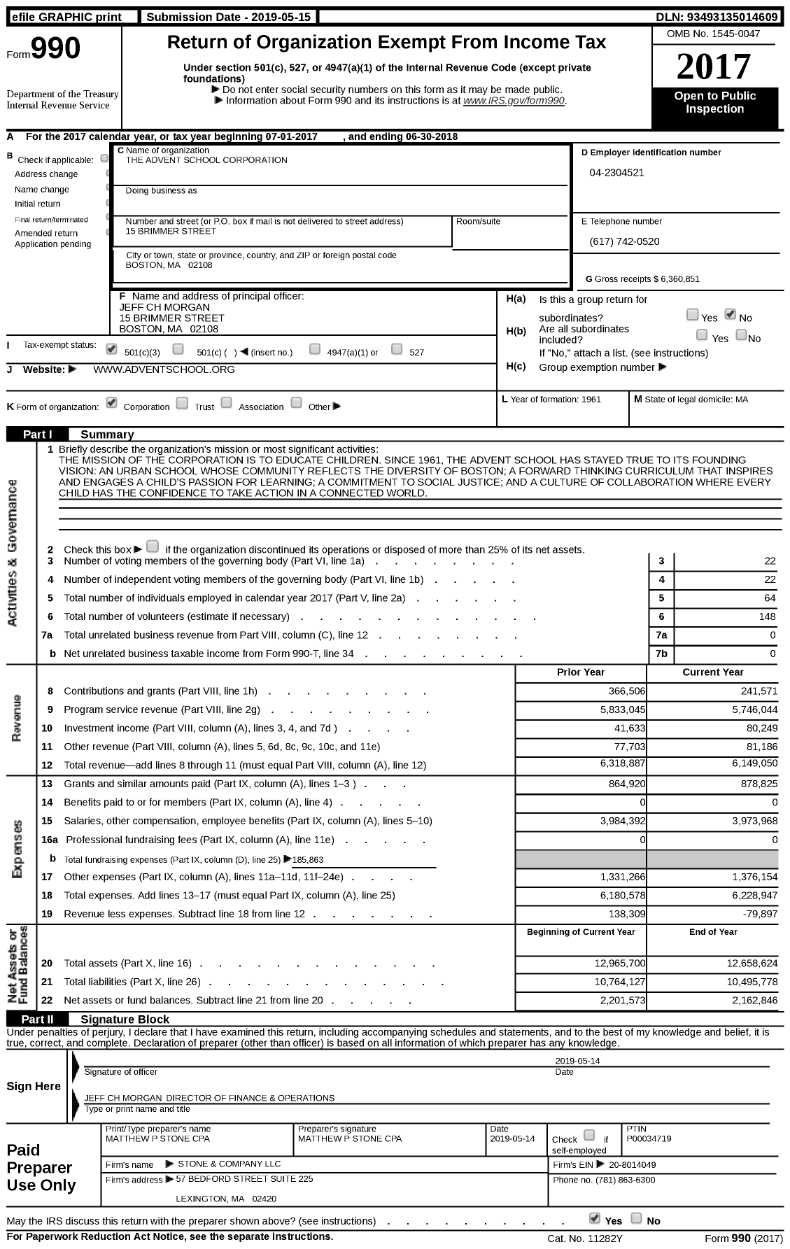 Image of first page of 2017 Form 990 for The Advent School Corporation
