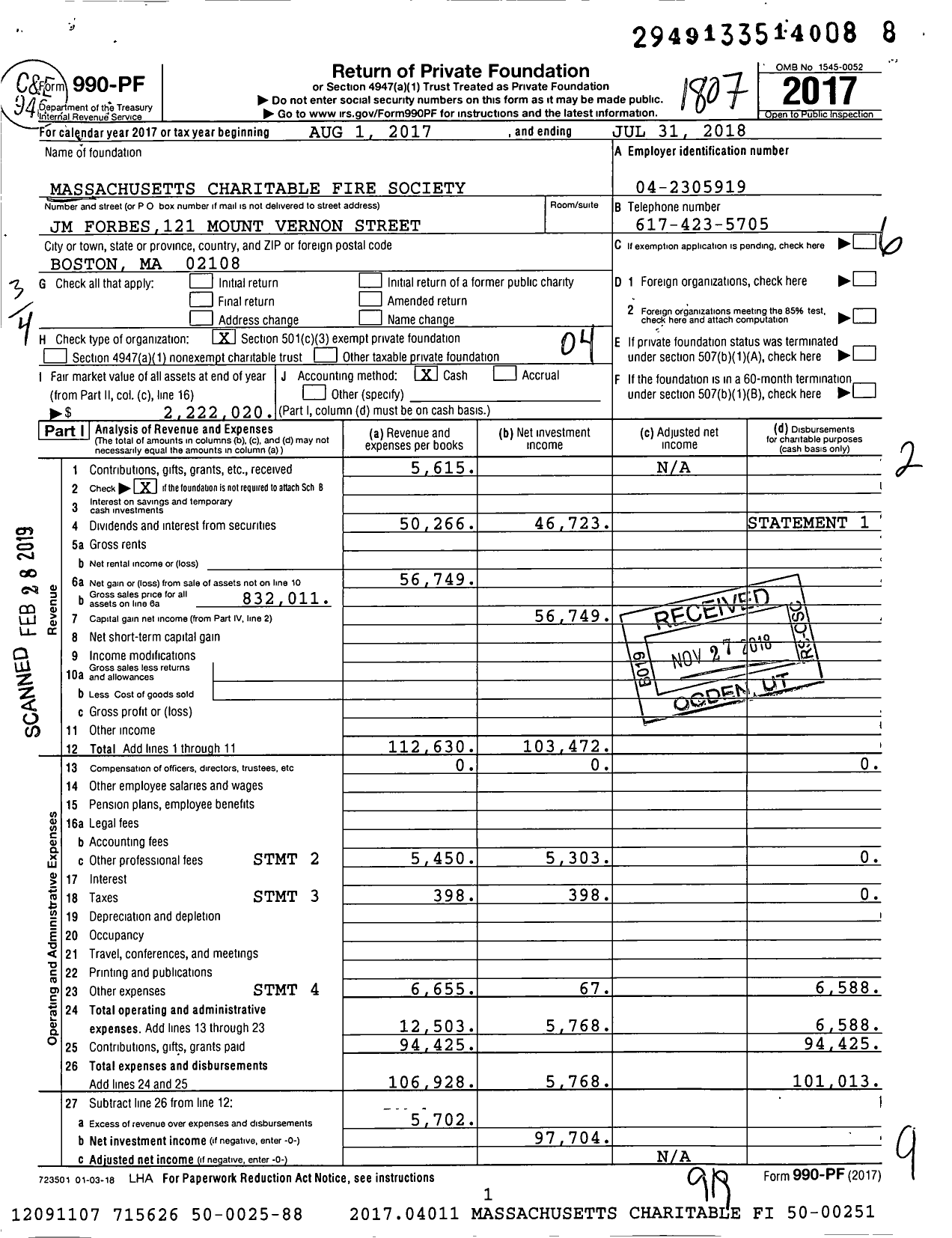 Image of first page of 2017 Form 990PF for Massachusetts Charitable Fire Society