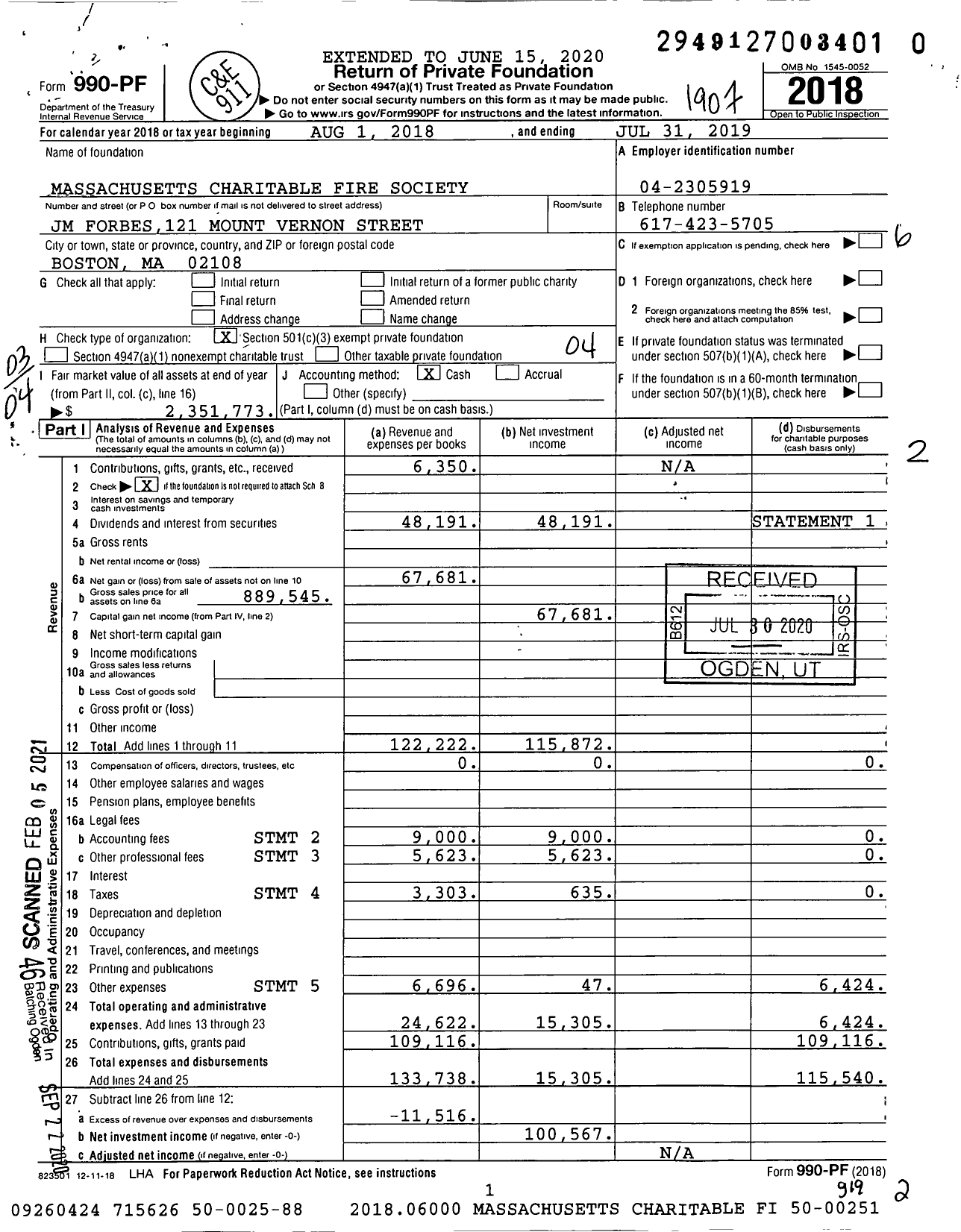 Image of first page of 2018 Form 990PF for Massachusetts Charitable Fire Society