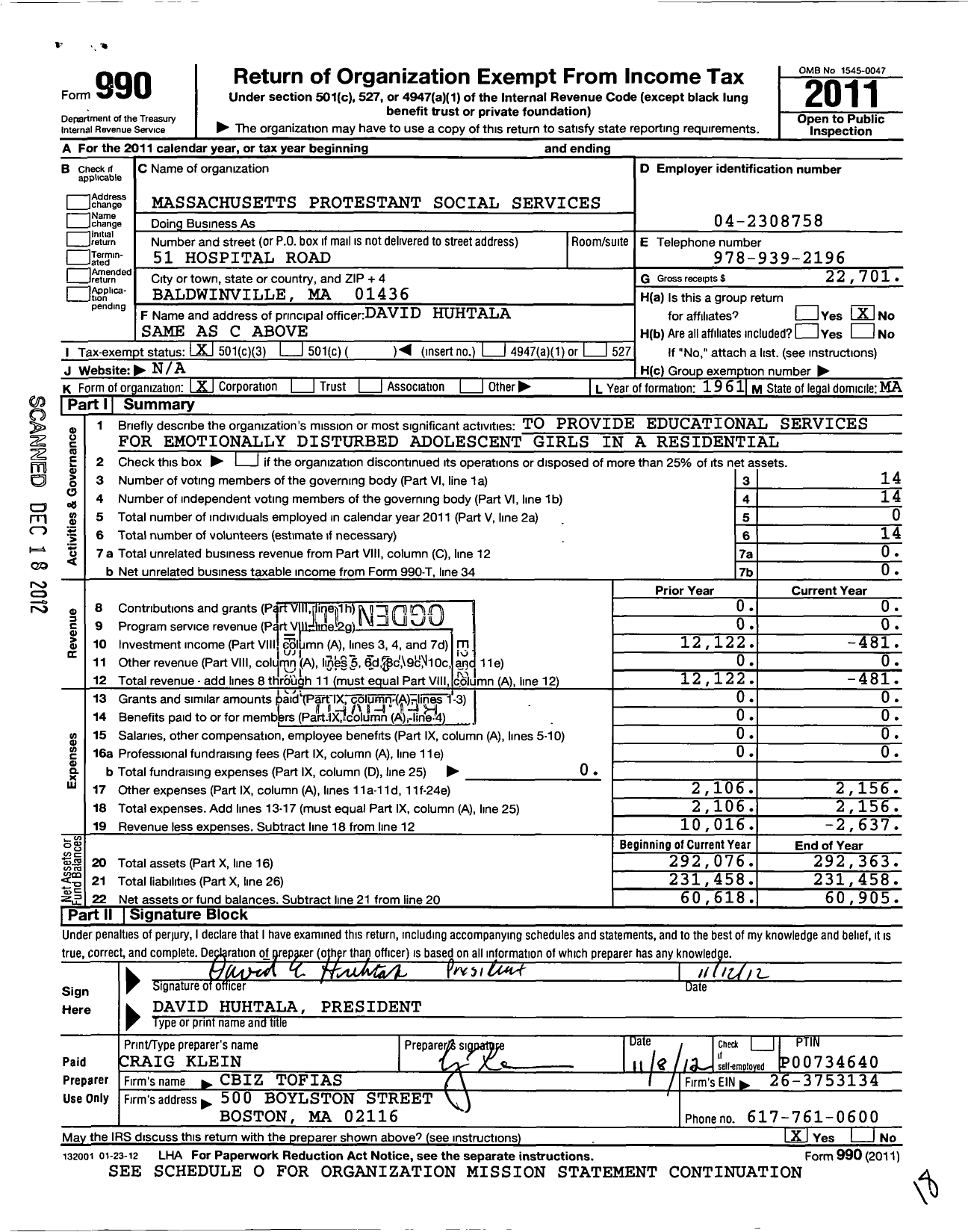 Image of first page of 2011 Form 990 for Massachusetts Protestant Social Services