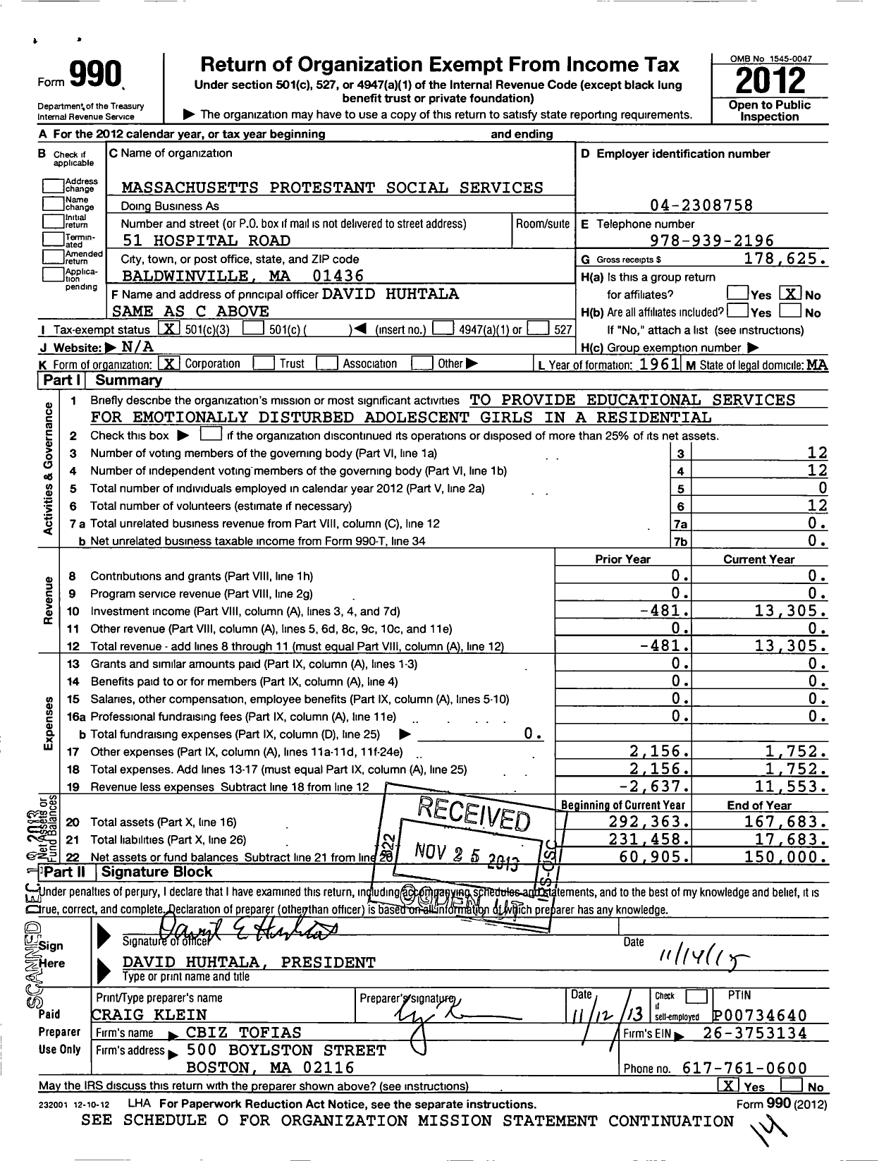 Image of first page of 2012 Form 990 for Massachusetts Protestant Social Services