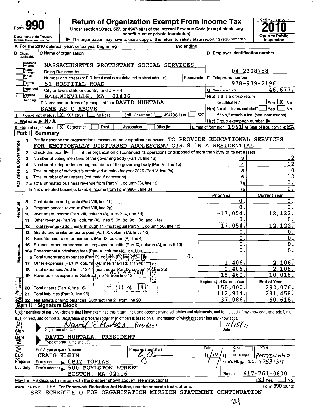 Image of first page of 2010 Form 990 for Massachusetts Protestant Social Services