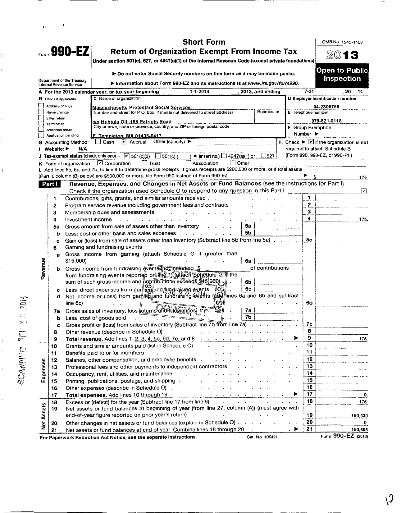 Image of first page of 2013 Form 990EZ for Massachusetts Protestant Social Services