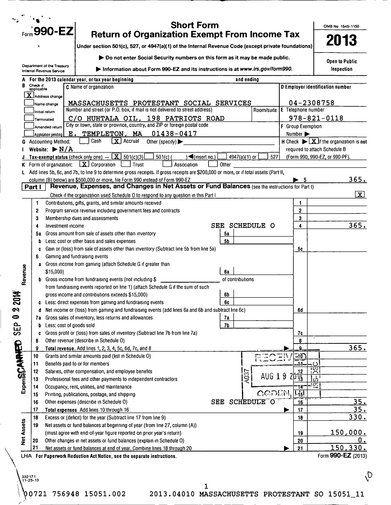 Image of first page of 2013 Form 990EZ for Massachusetts Protestant Social Services