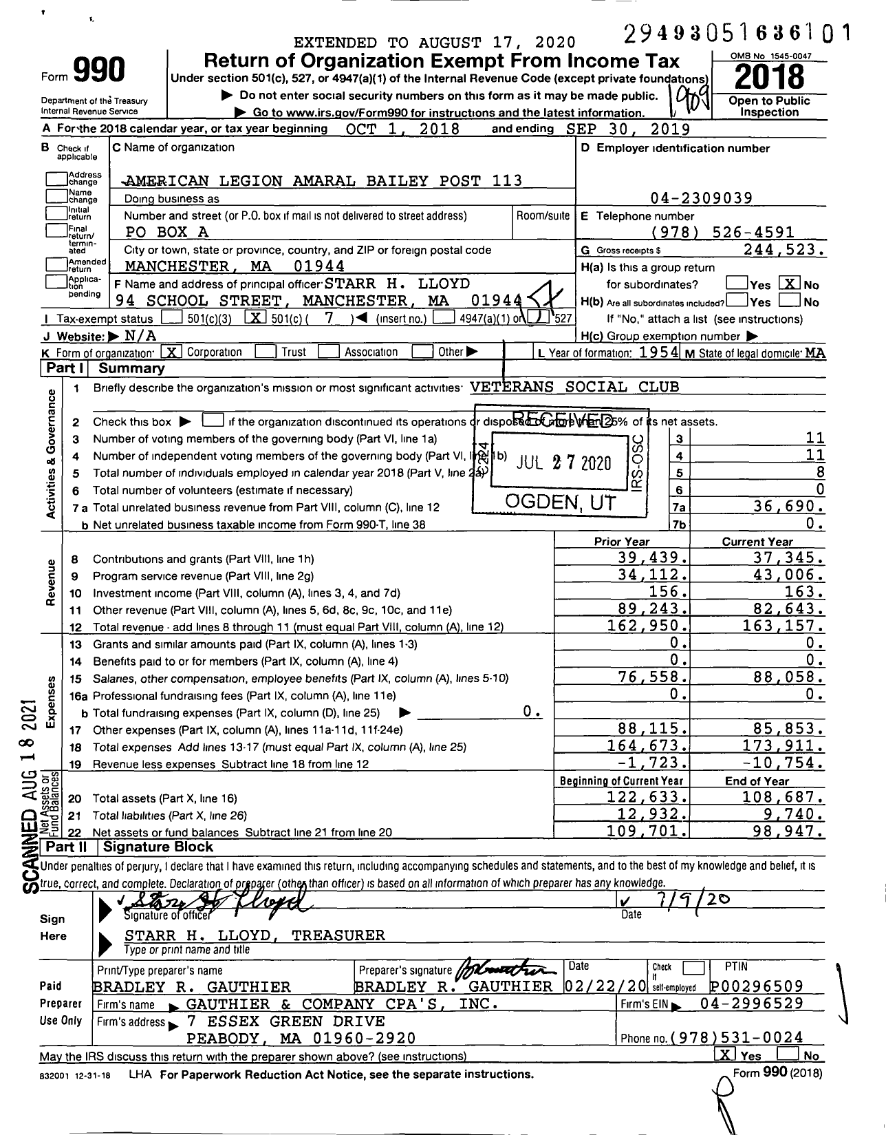 Image of first page of 2018 Form 990O for American Legion - 0113 Amaral-Bailey