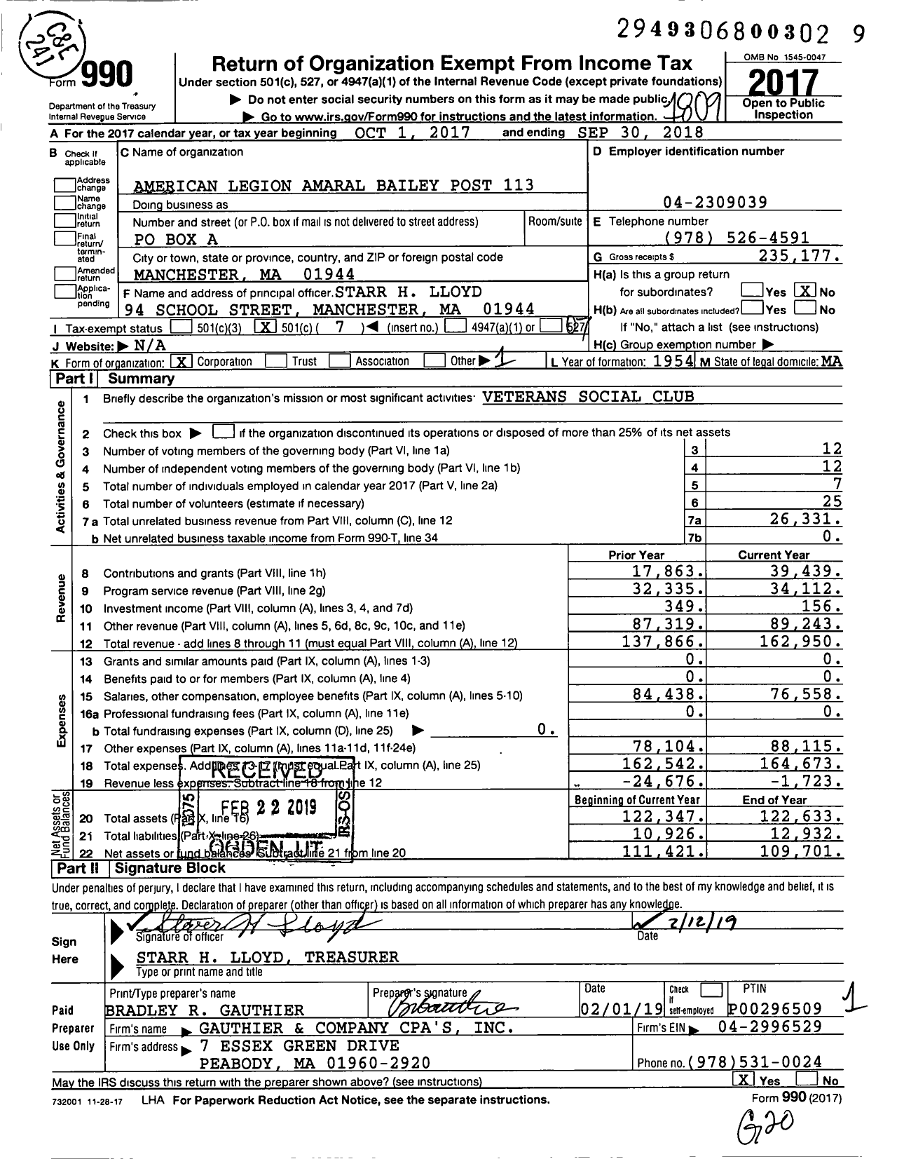 Image of first page of 2017 Form 990O for American Legion - 0113 Amaral-Bailey