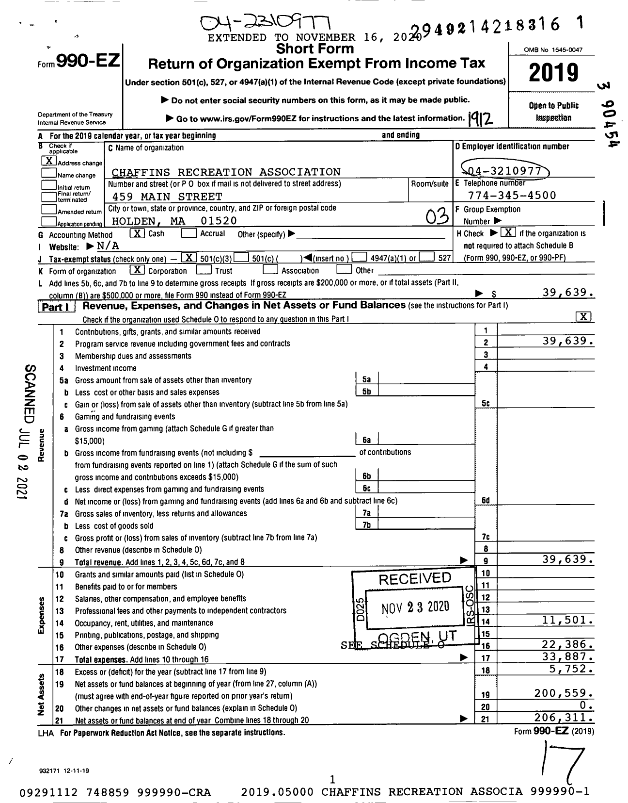 Image of first page of 2019 Form 990EZ for Chaffins Recreation Association