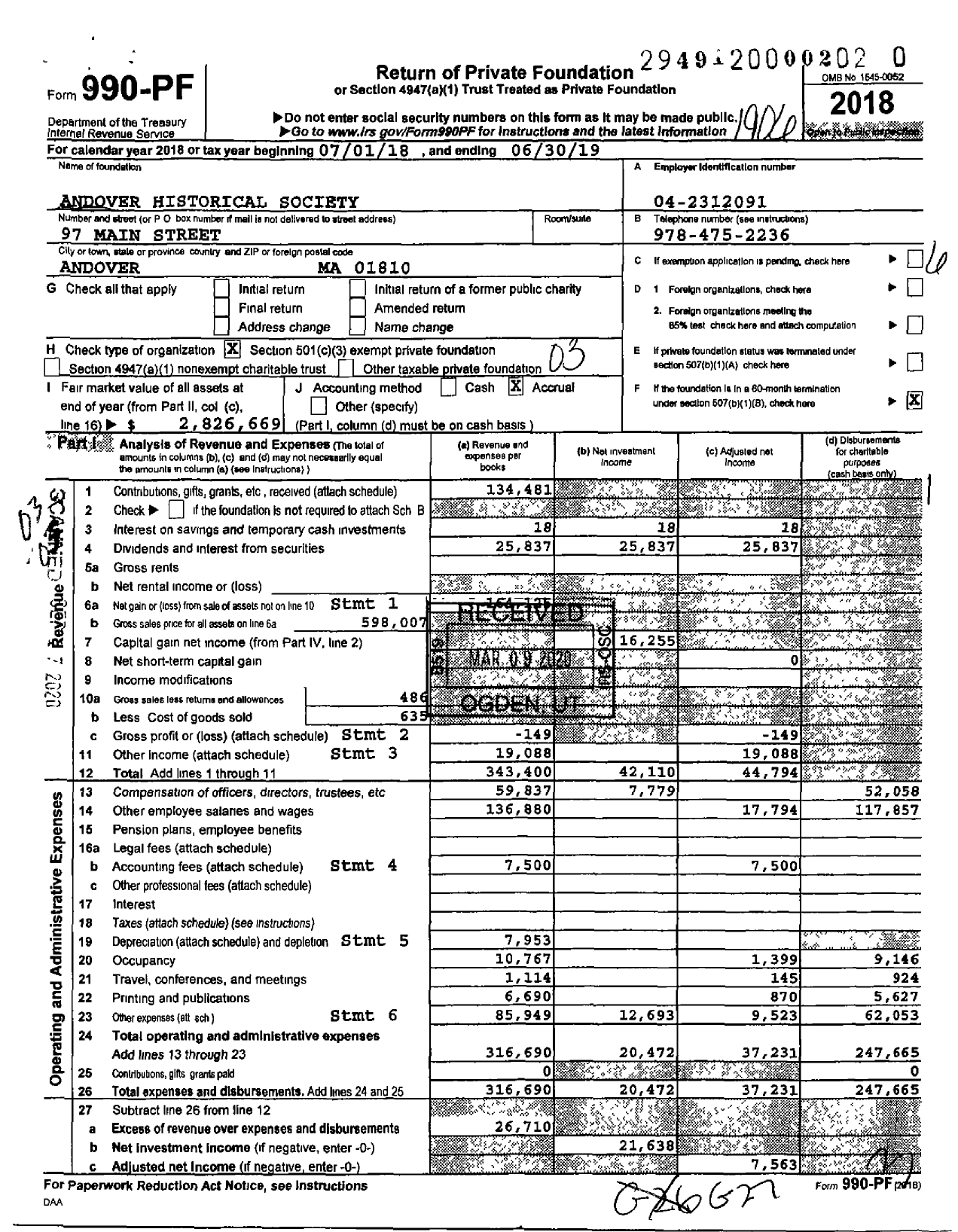 Image of first page of 2018 Form 990PR for Andover Historical Society