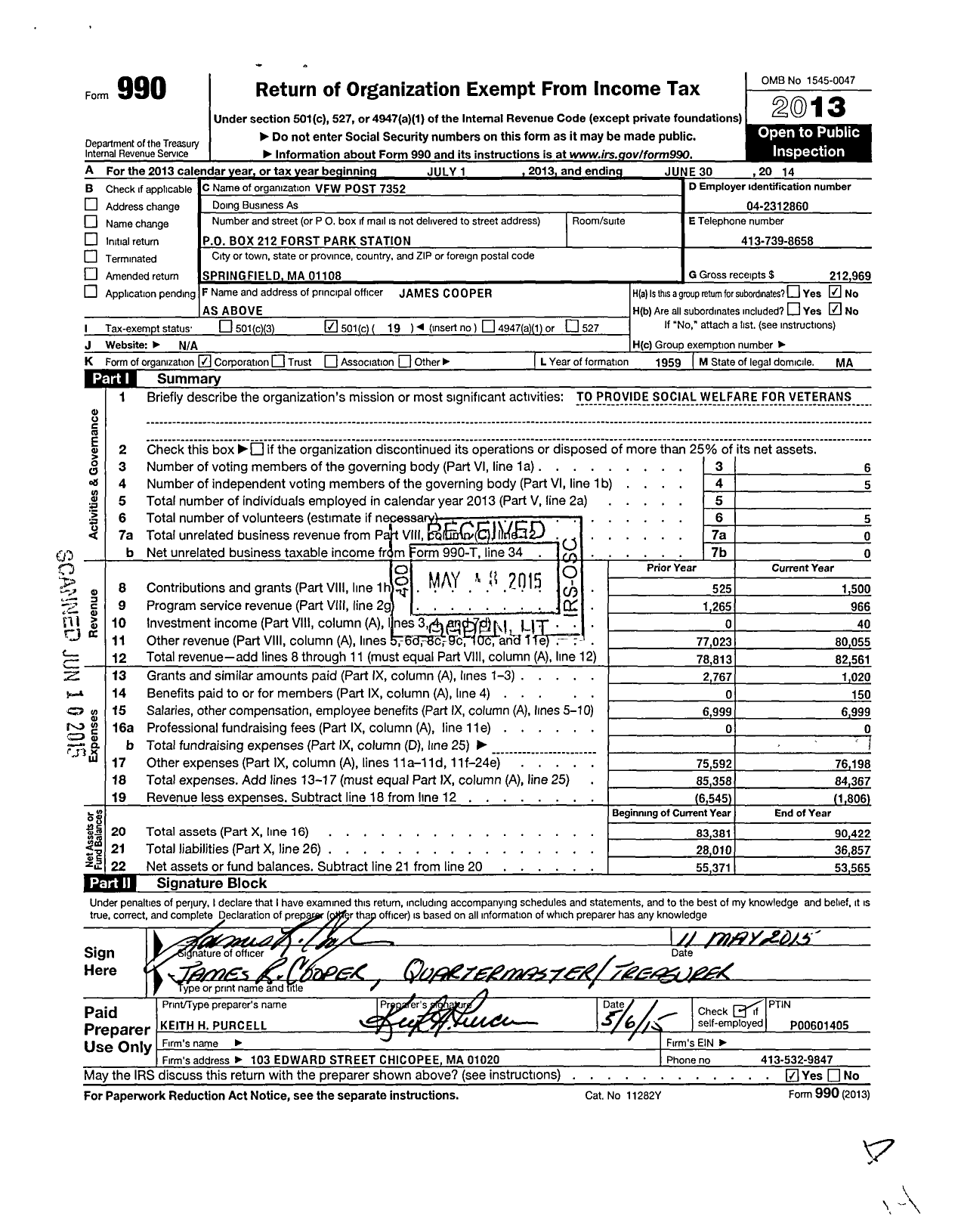 Image of first page of 2013 Form 990O for VFW Department of Massachusetts - 7352 Vfw-Mass