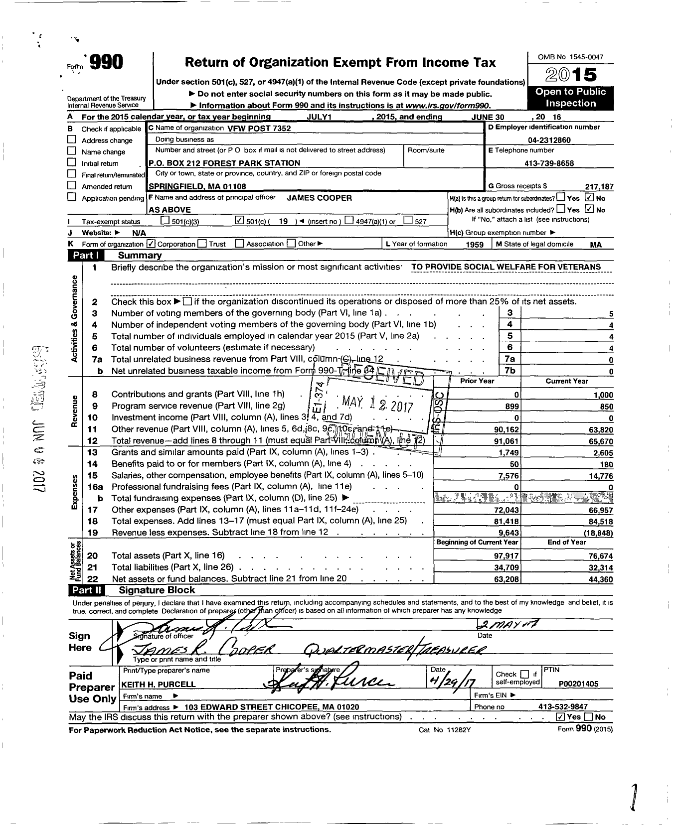 Image of first page of 2015 Form 990O for VFW Department of Massachusetts - 7352 Vfw-Mass