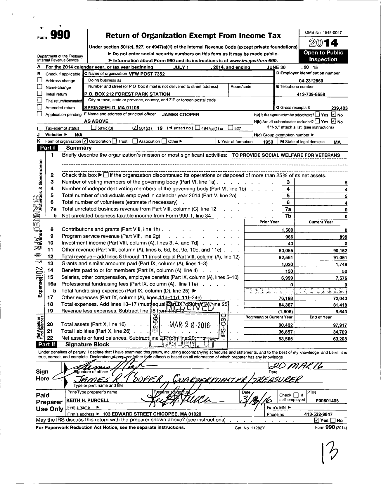 Image of first page of 2014 Form 990O for VFW Department of Massachusetts - 7352 Vfw-Mass