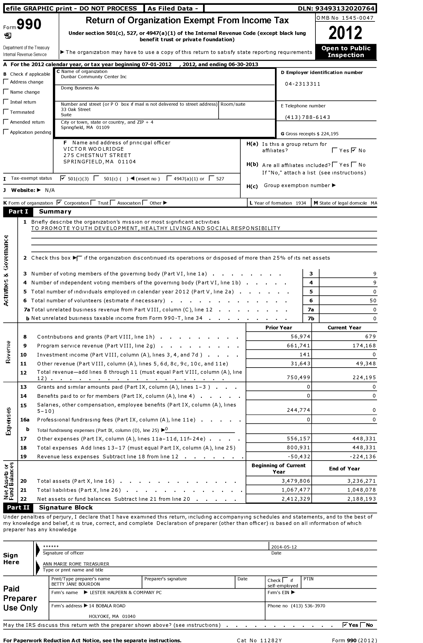Image of first page of 2012 Form 990 for Dunbar Community Center