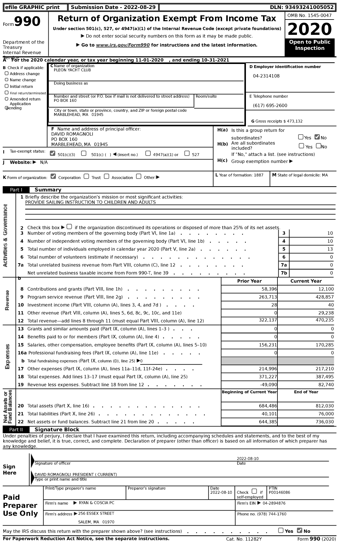 Image of first page of 2020 Form 990 for Pleon Yacht Club