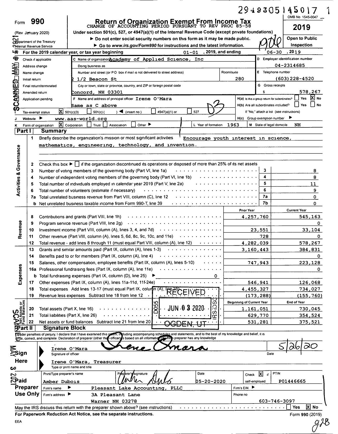 Image of first page of 2018 Form 990 for Academy of Applied Science (AAS)