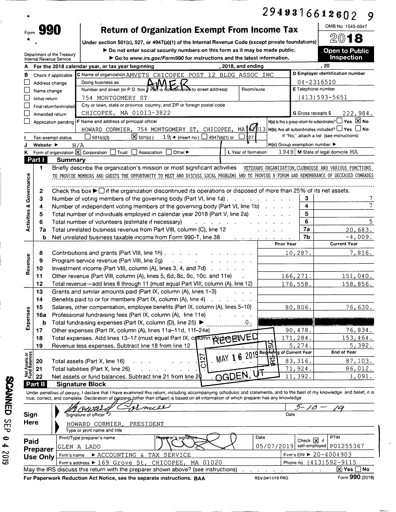 Image of first page of 2018 Form 990O for Amvets - 0012-ma