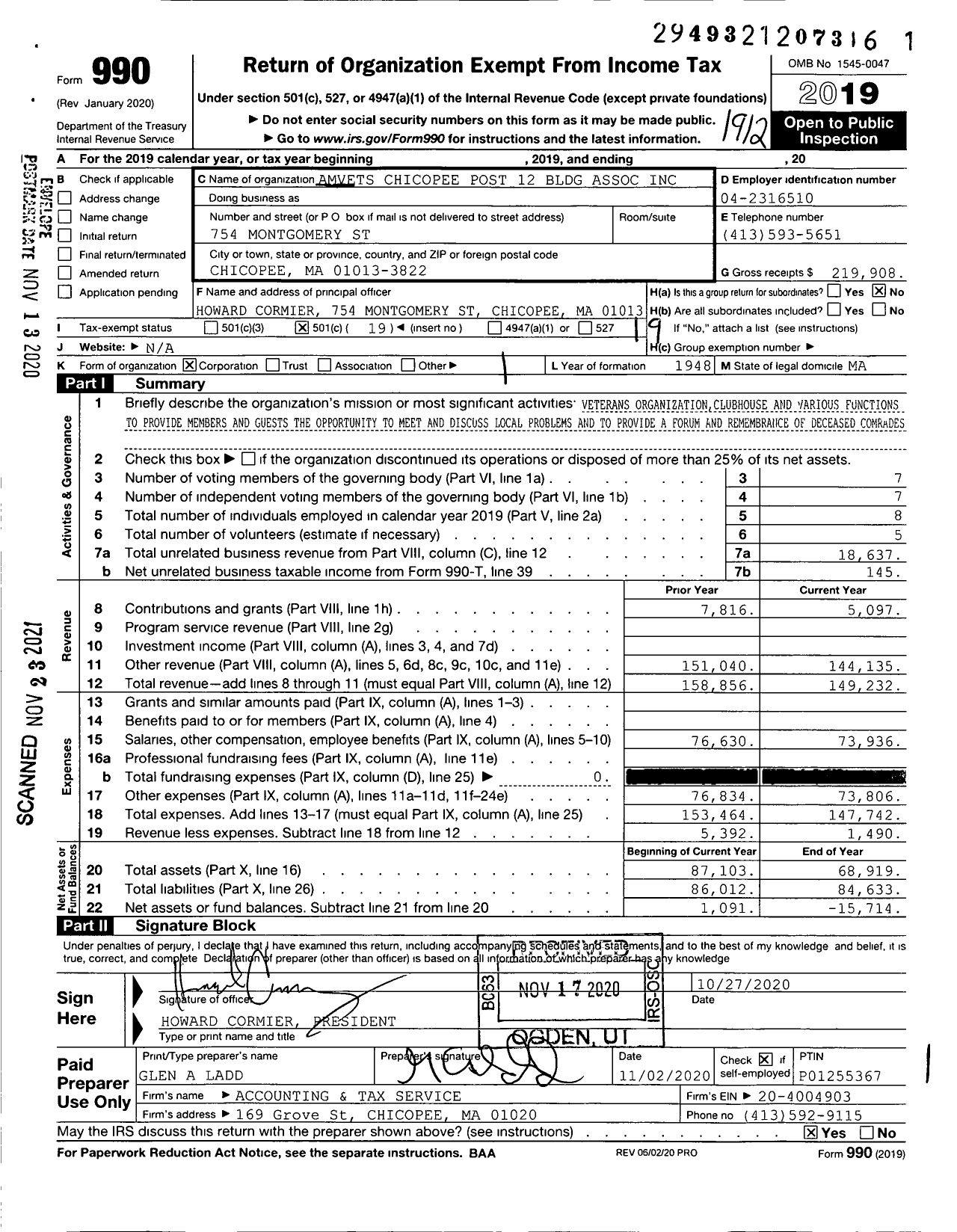 Image of first page of 2019 Form 990O for Amvets - 0012-ma