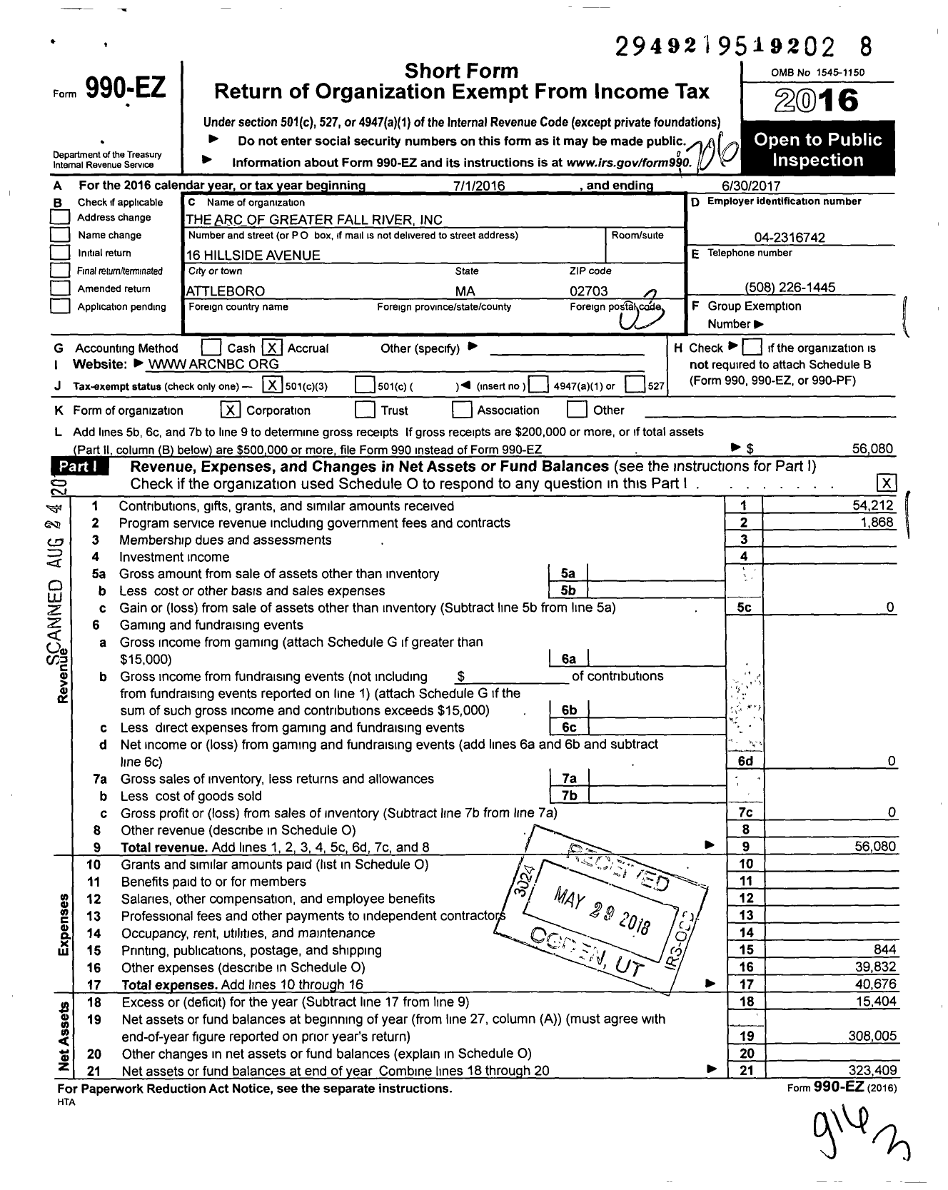 Image of first page of 2016 Form 990EZ for The Arc of Greater Fall River