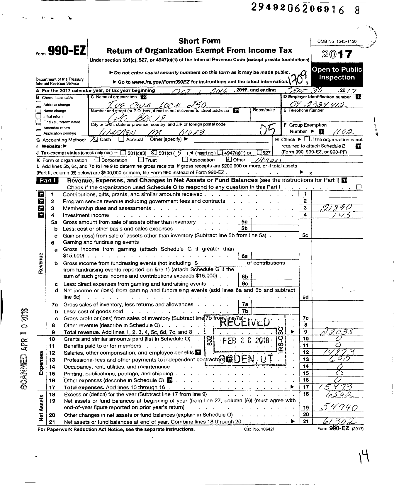 Image of first page of 2016 Form 990EO for Communications Workers of America - Local 81250