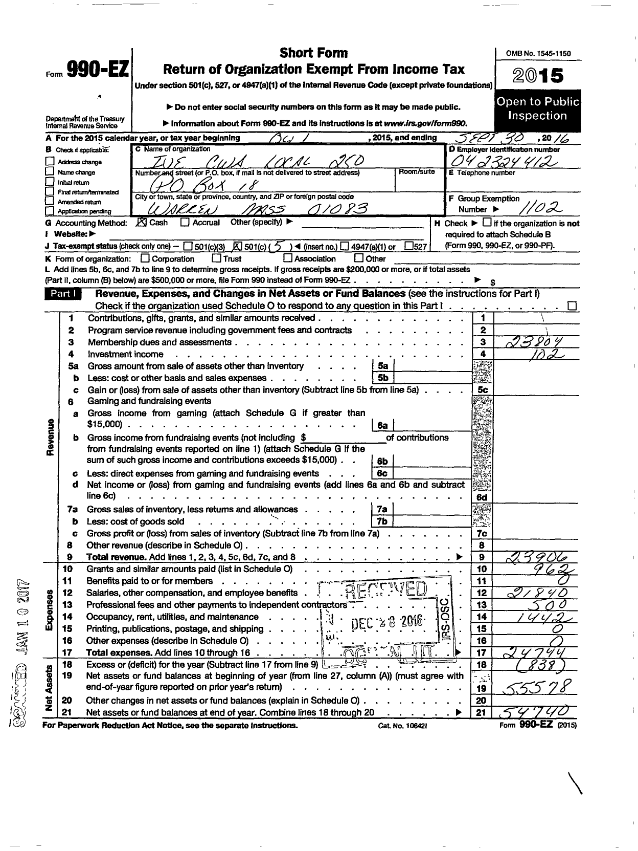 Image of first page of 2015 Form 990EO for Communications Workers of America - Local 81250