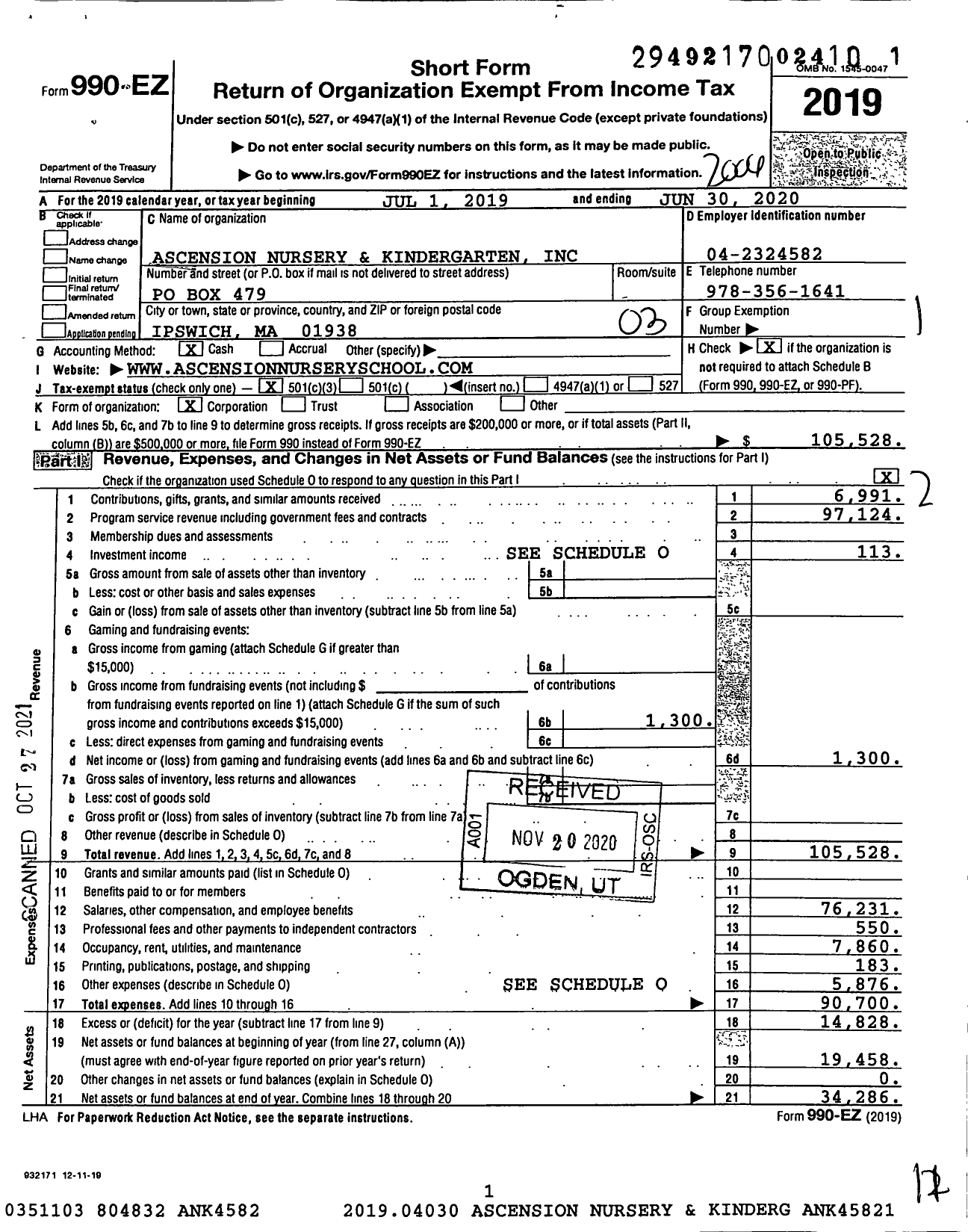 Image of first page of 2019 Form 990EZ for Ascension Nursery and Kindergarten