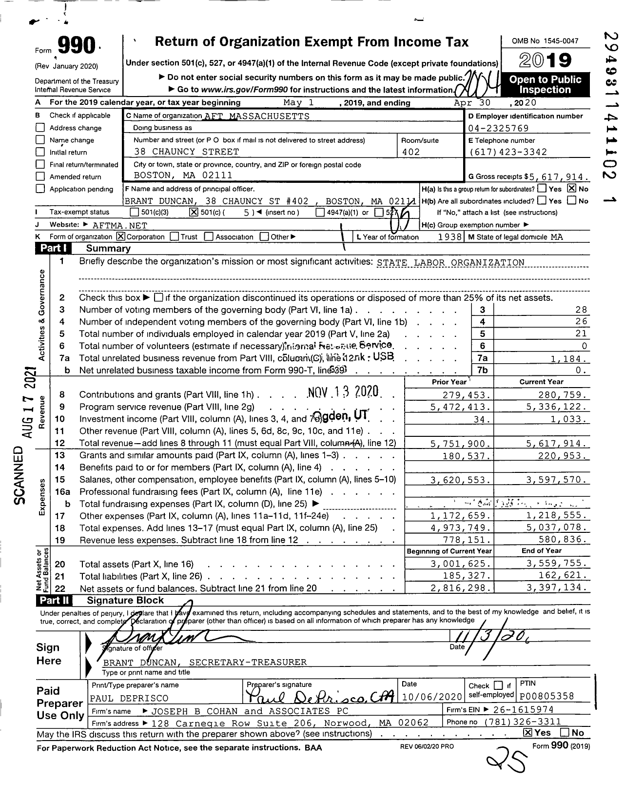 Image of first page of 2019 Form 990O for American Federation of Teachers - 8019 Aft Massachusetts