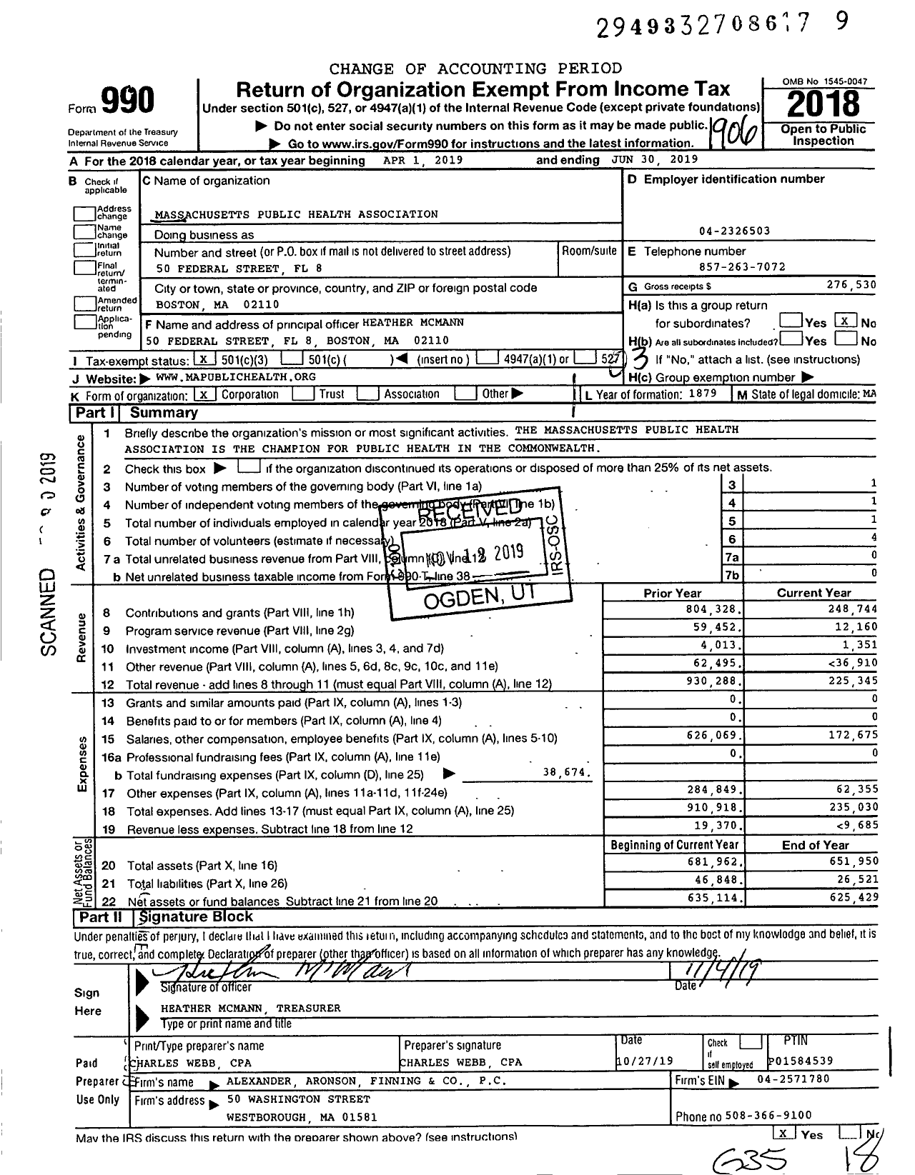 Image of first page of 2018 Form 990 for Massachusetts Public Health Association