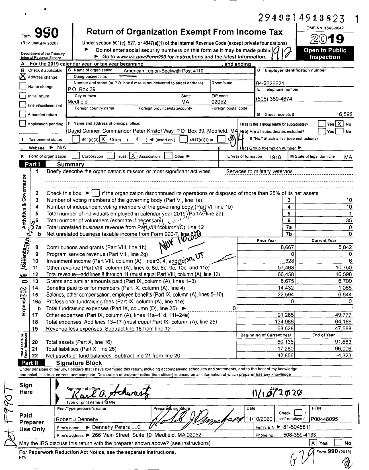 Image of first page of 2019 Form 990O for American Legion-Beckwith Post 110