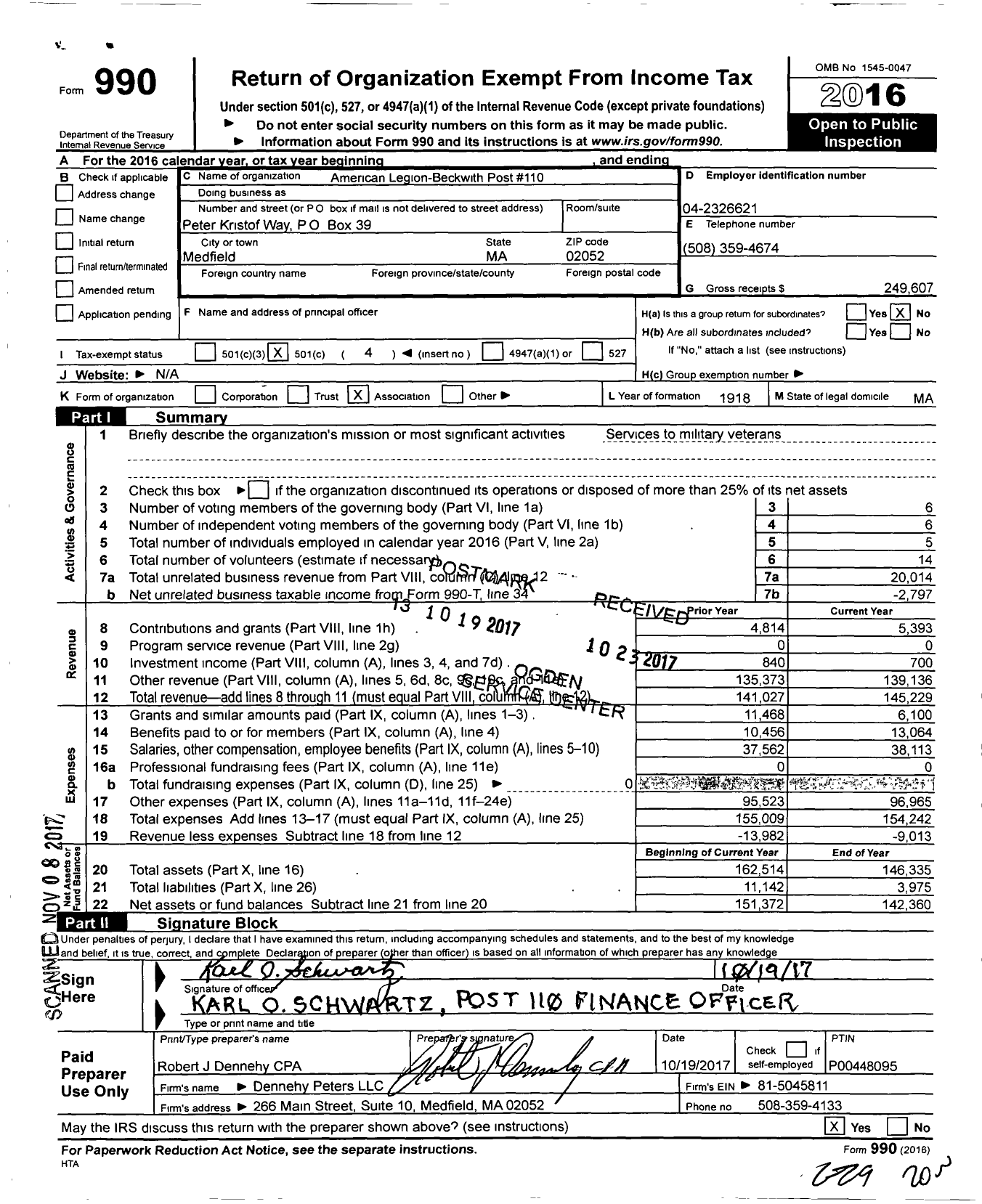 Image of first page of 2016 Form 990O for American Legion-Beckwith Post 110