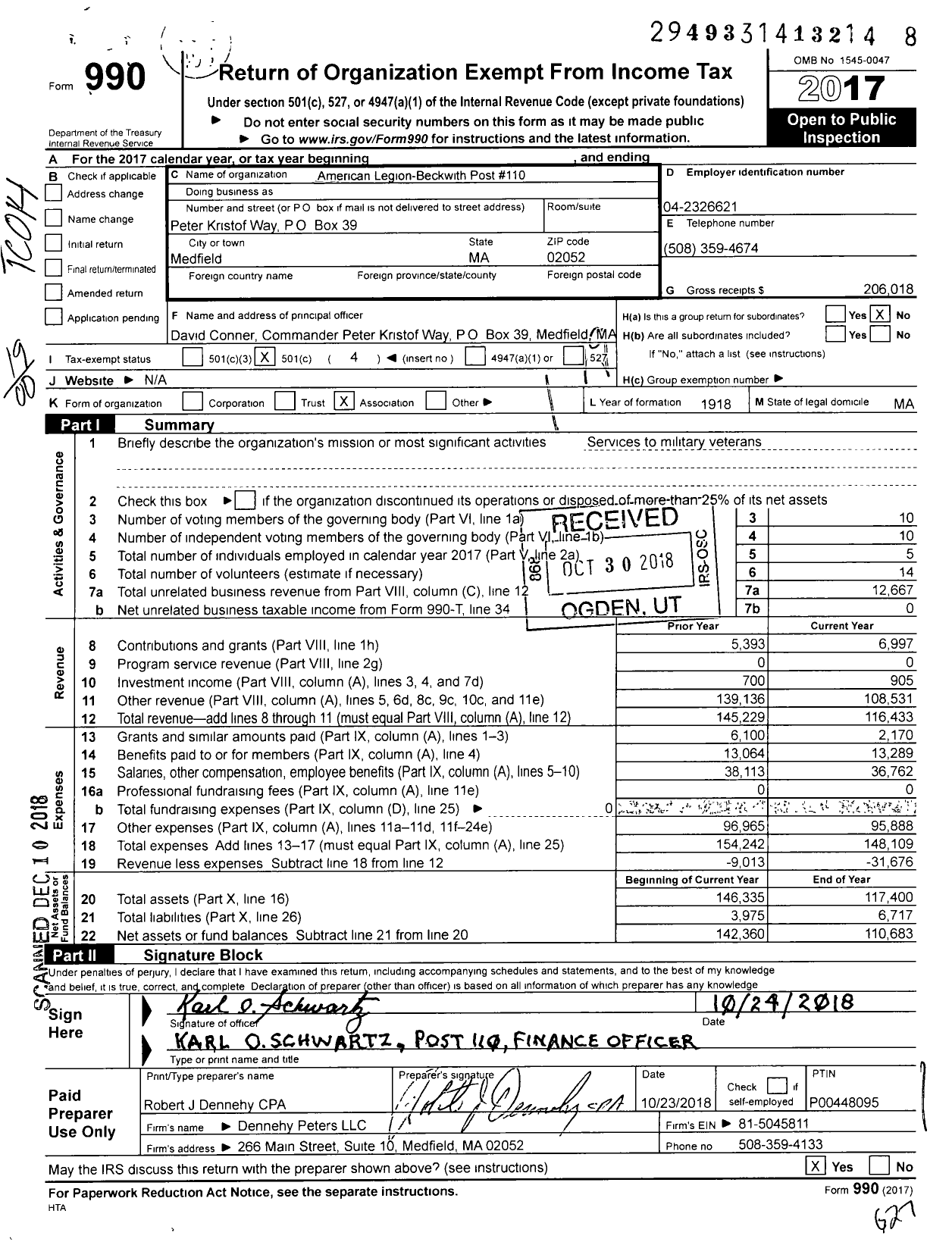 Image of first page of 2017 Form 990O for American Legion-Beckwith Post 110