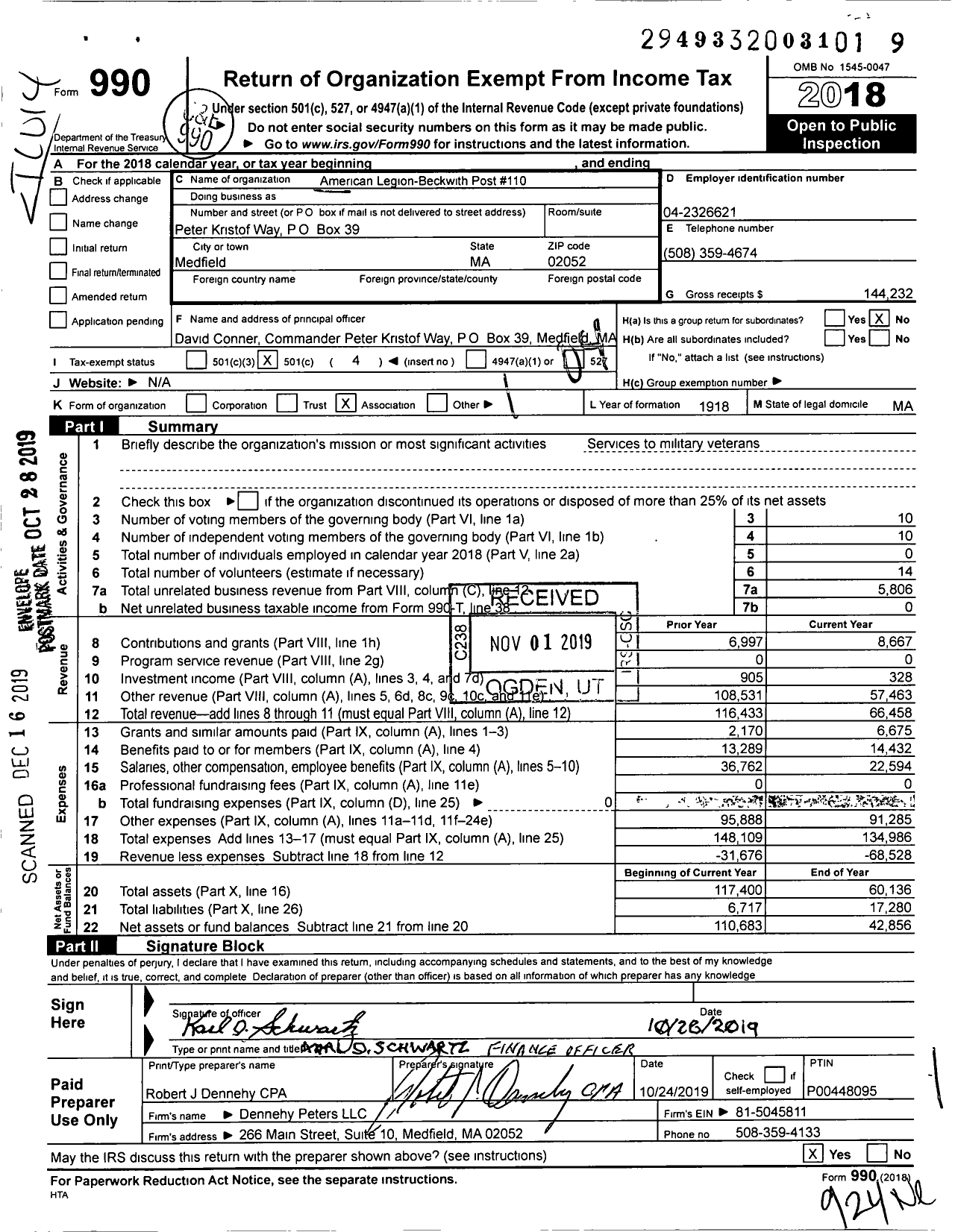 Image of first page of 2018 Form 990O for American Legion-Beckwith Post 110