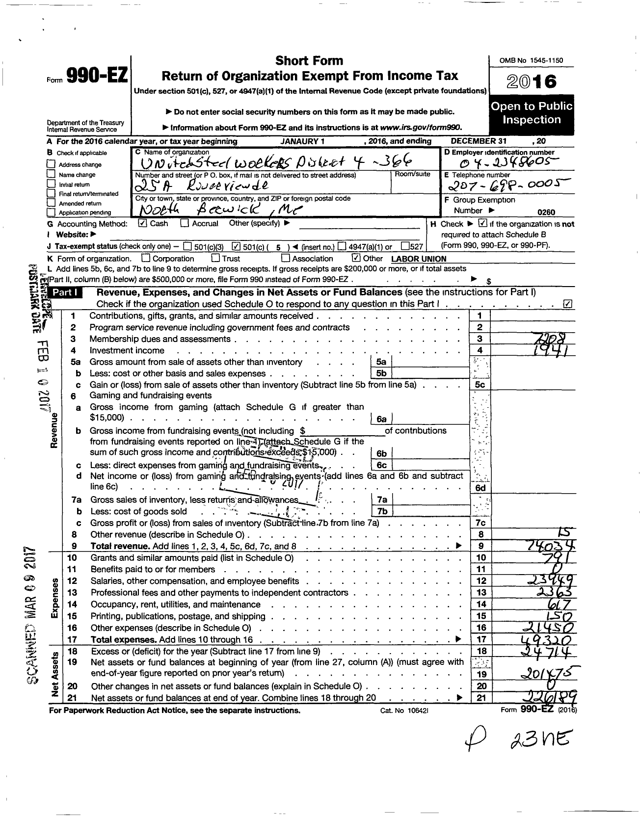 Image of first page of 2016 Form 990EO for UNITED Steelworkers - 00366 Local