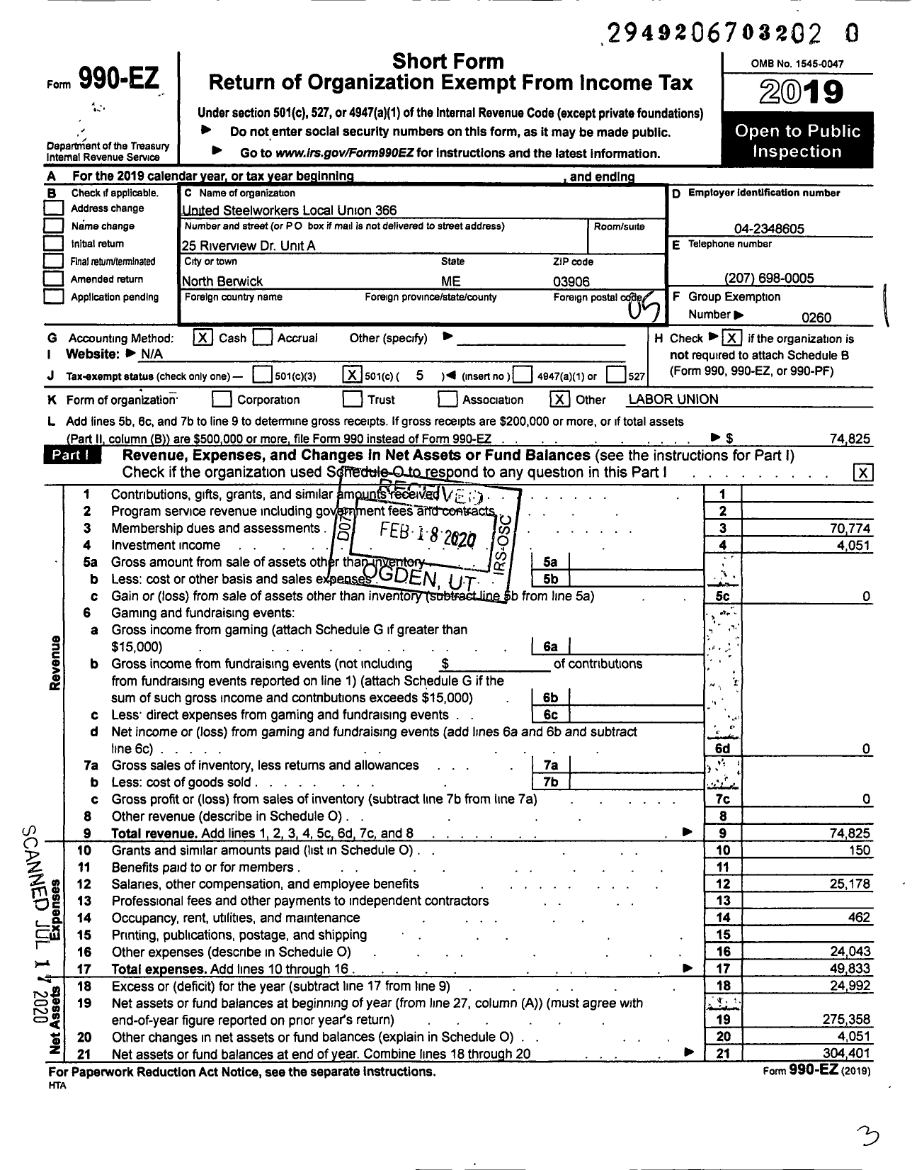 Image of first page of 2019 Form 990EO for UNITED Steelworkers - 00366 Local