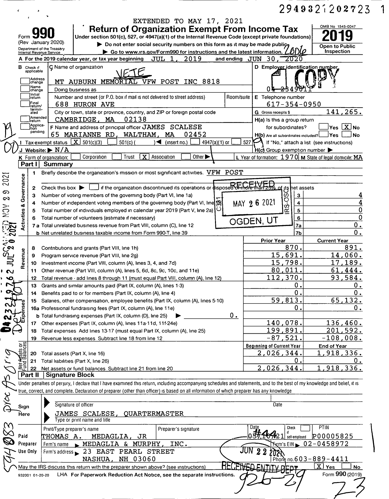 Image of first page of 2019 Form 990O for VFW Department of Massachusetts - 8818 Mount Auburn Memorial Post