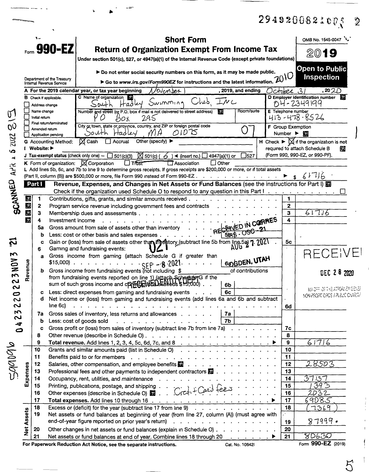 Image of first page of 2019 Form 990EO for South Hadley Swimming Club