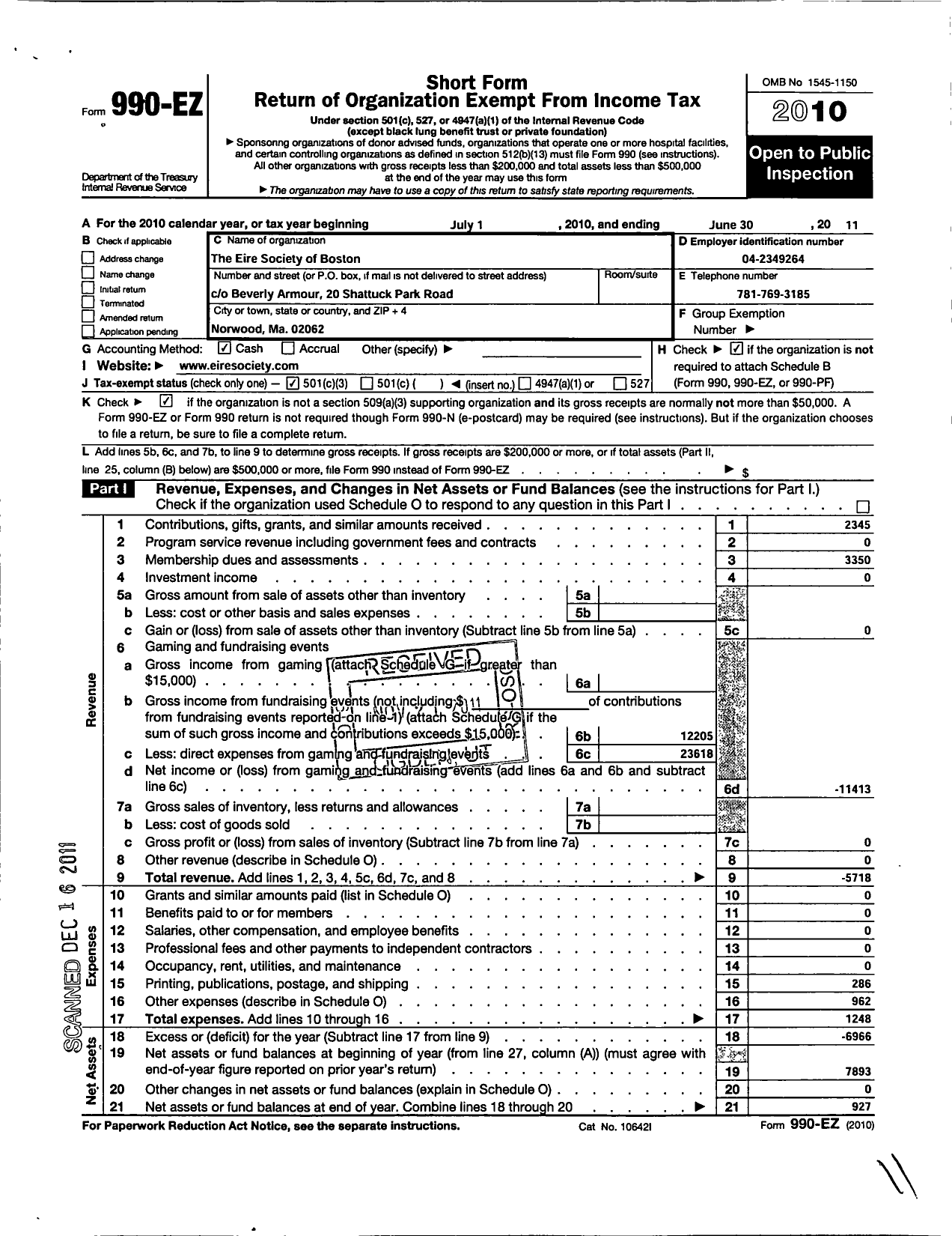 Image of first page of 2010 Form 990EZ for Eire Society of Boston