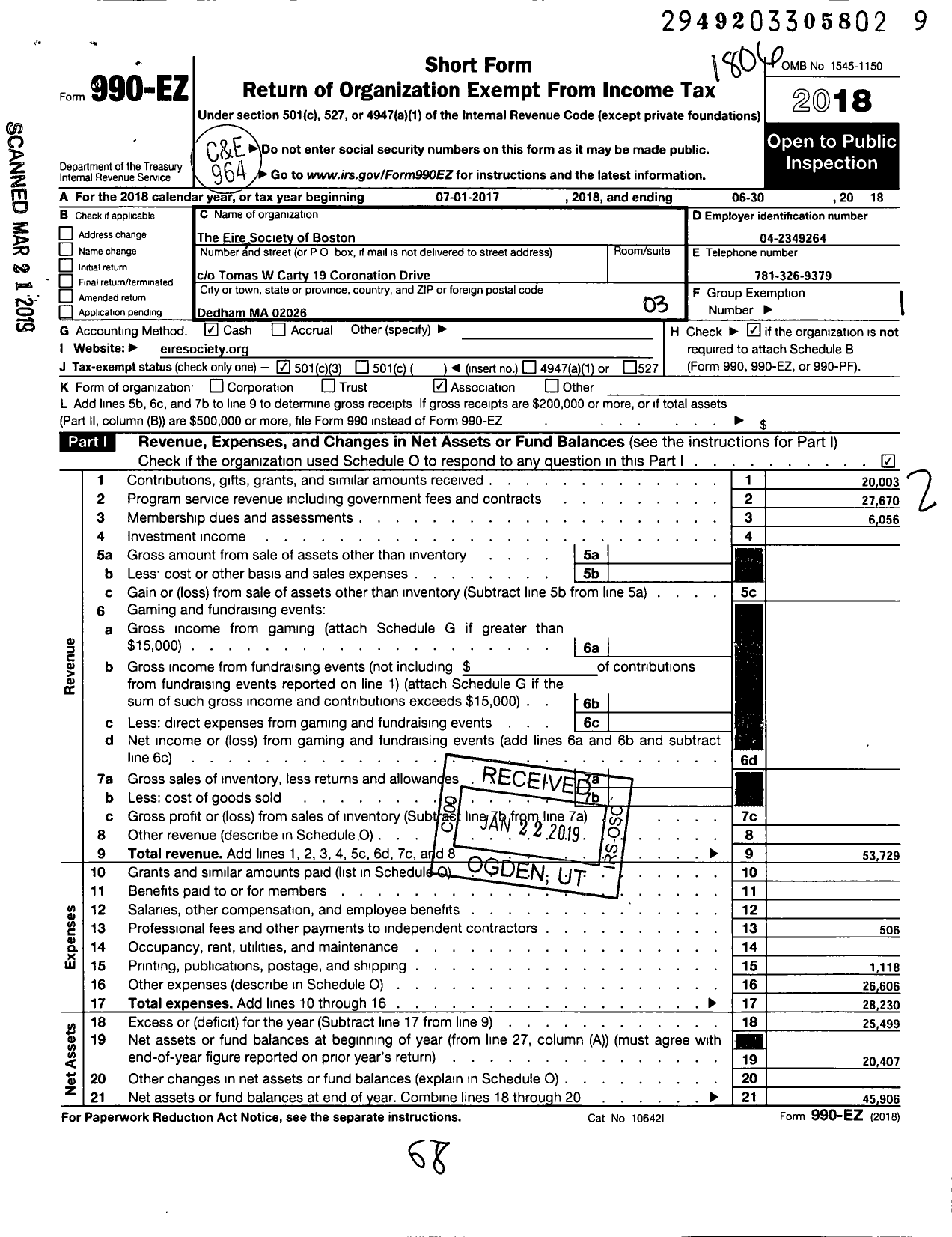 Image of first page of 2017 Form 990EZ for Eire Society of Boston